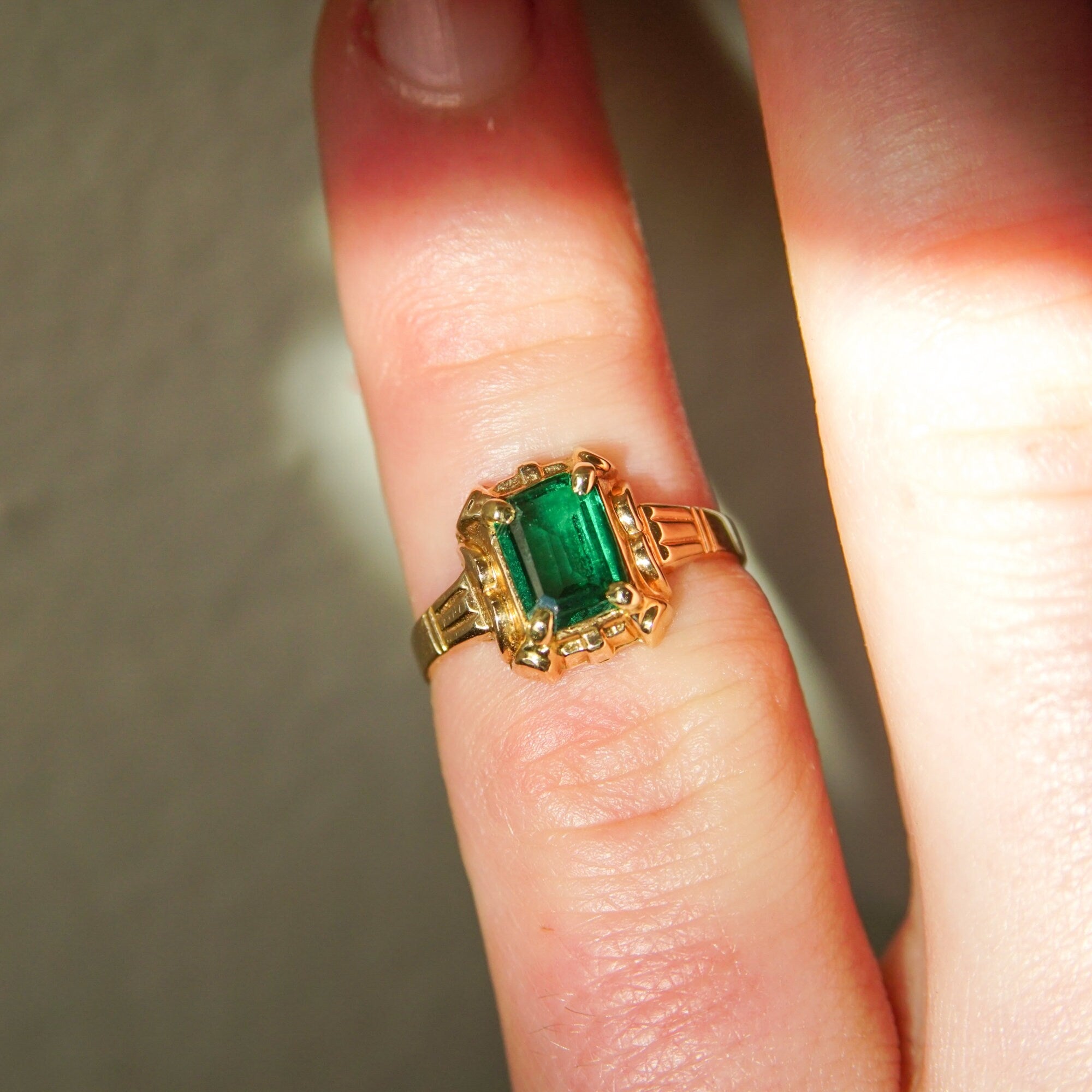 Mid-Century 10K Emerald Ring, Petite Yellow Gold Ring, Emerald-Cut Gemstone, Pinky Ring, Estate Jewelry, 4 1/4 US