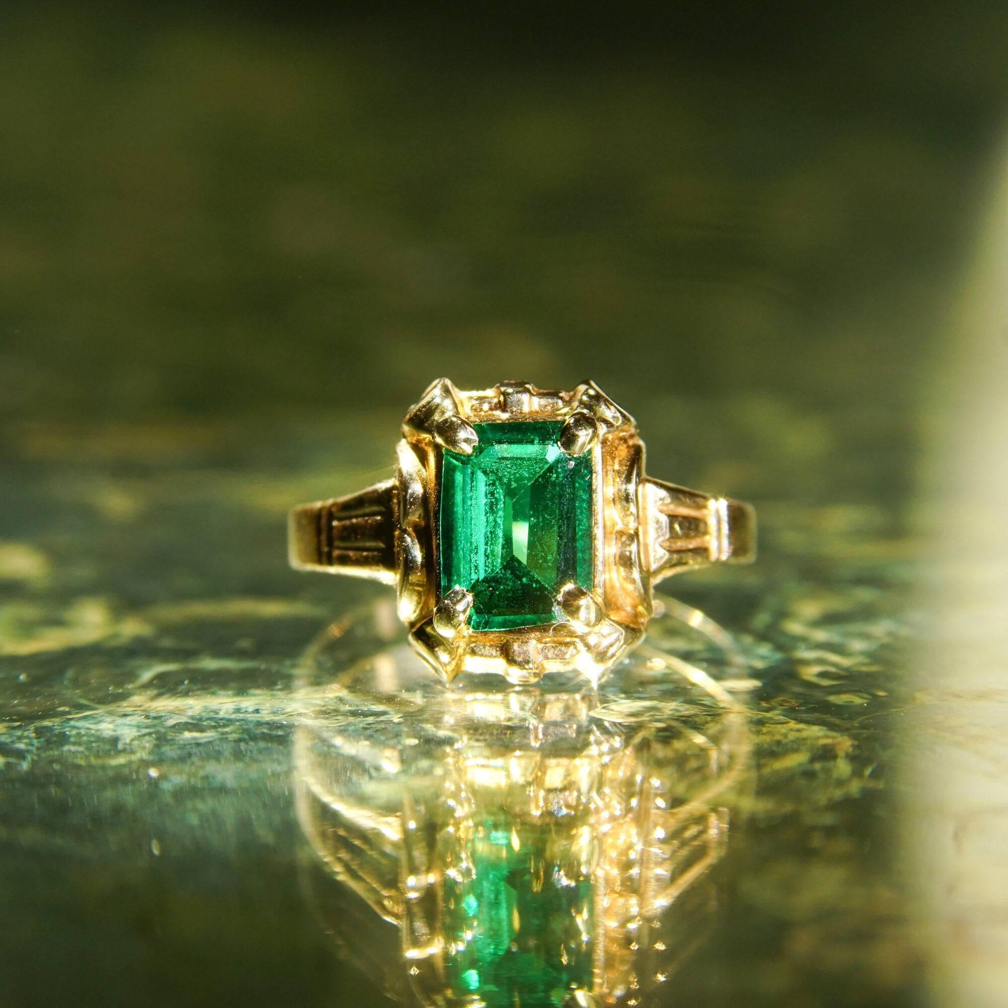 Mid-Century 10K Emerald Ring, Petite Yellow Gold Ring, Emerald-Cut Gemstone, Pinky Ring, Estate Jewelry, 4 1/4 US