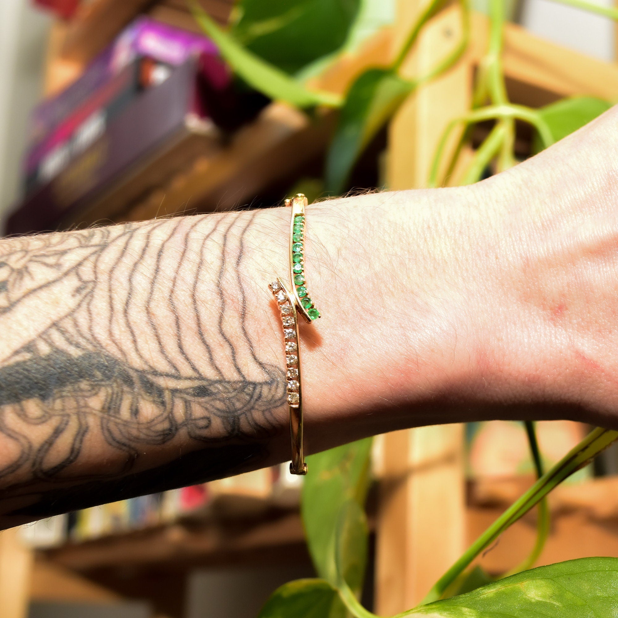 Natural Emerald Diamond Bypass Bangle Bracelet In 14K Gold