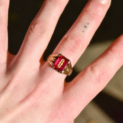 Estate 10K Gold Inlay Red Spinel Signet Ring, Engraved Yellow Gold Setting, Bevel-Cut Gemstone, Size 9 1/2 US
