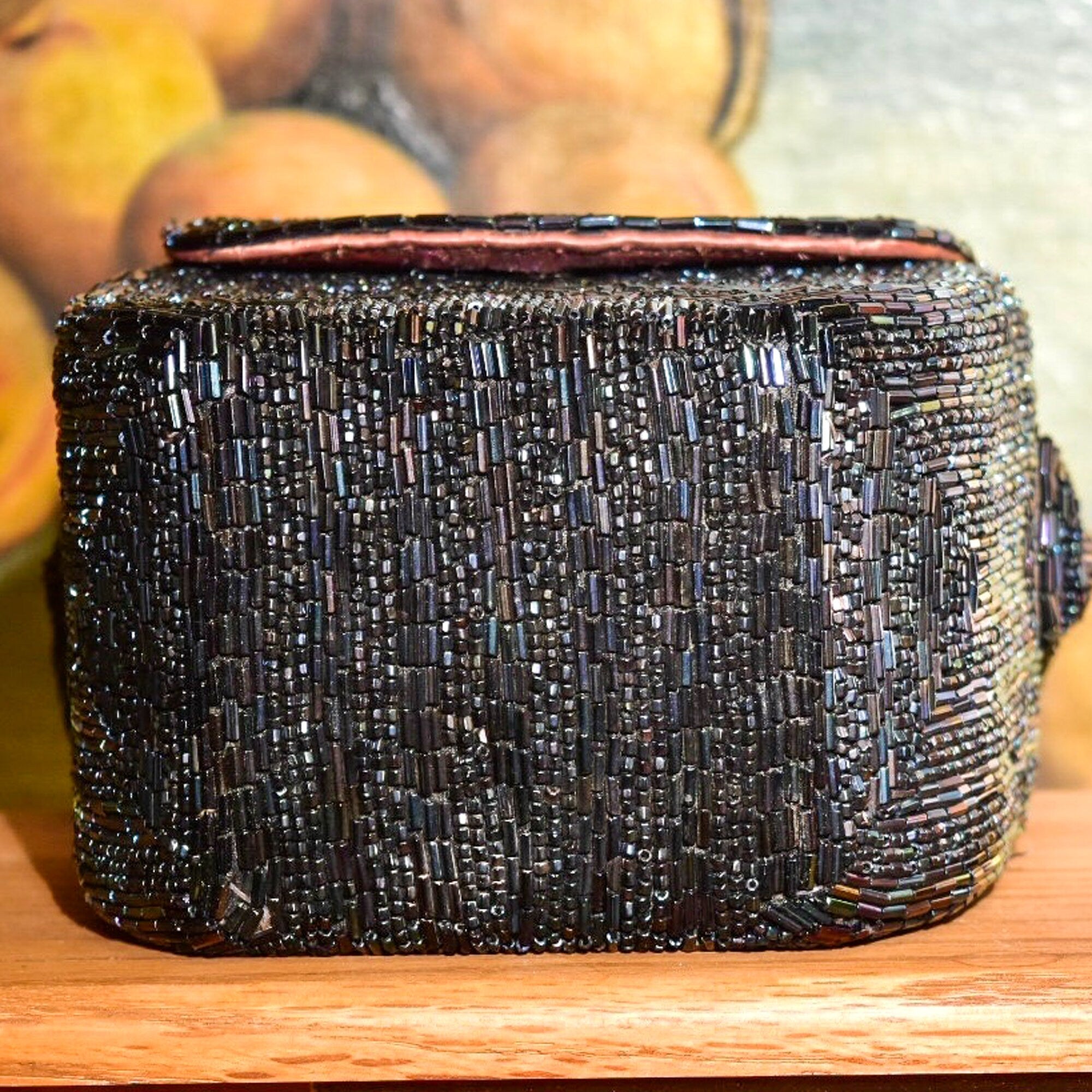 1940's Bugle Bead Box Purse W/ Matching Top-Handle Strap, Rose Gold Satin Lining & Coin Purse