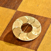 Modernist 14K Textured Circle Brooch Pin, Flat Yellow Gold Open Circle, Crosshatch Texturing, 1 1/4" Diameter