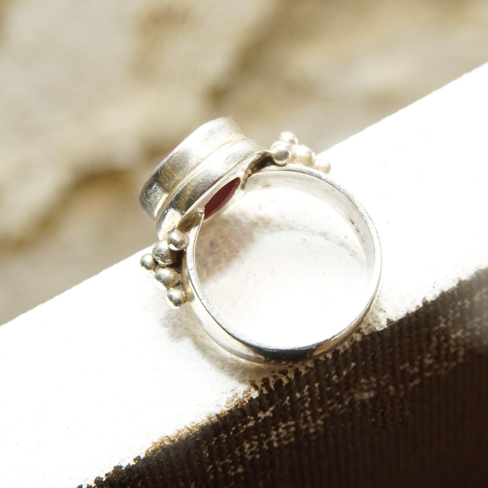 Bohemian Sterling Silver Indian Ruby Ring, Faceted Pink Gemstone, Chunky Silver Ring, 925 Jewelry, Size 6 1/4 US