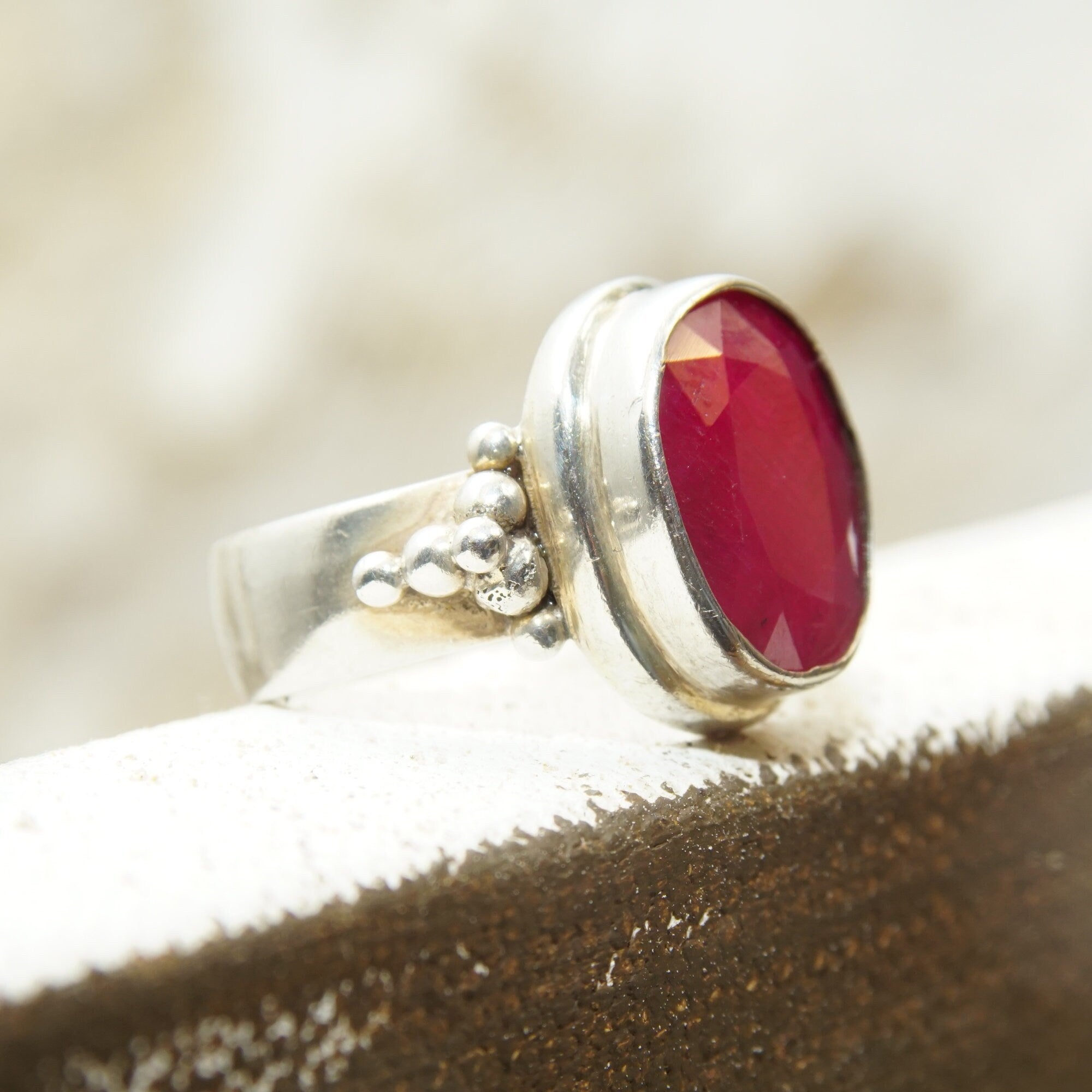 Bohemian Sterling Silver Indian Ruby Ring, Faceted Pink Gemstone, Chunky Silver Ring, 925 Jewelry, Size 6 1/4 US