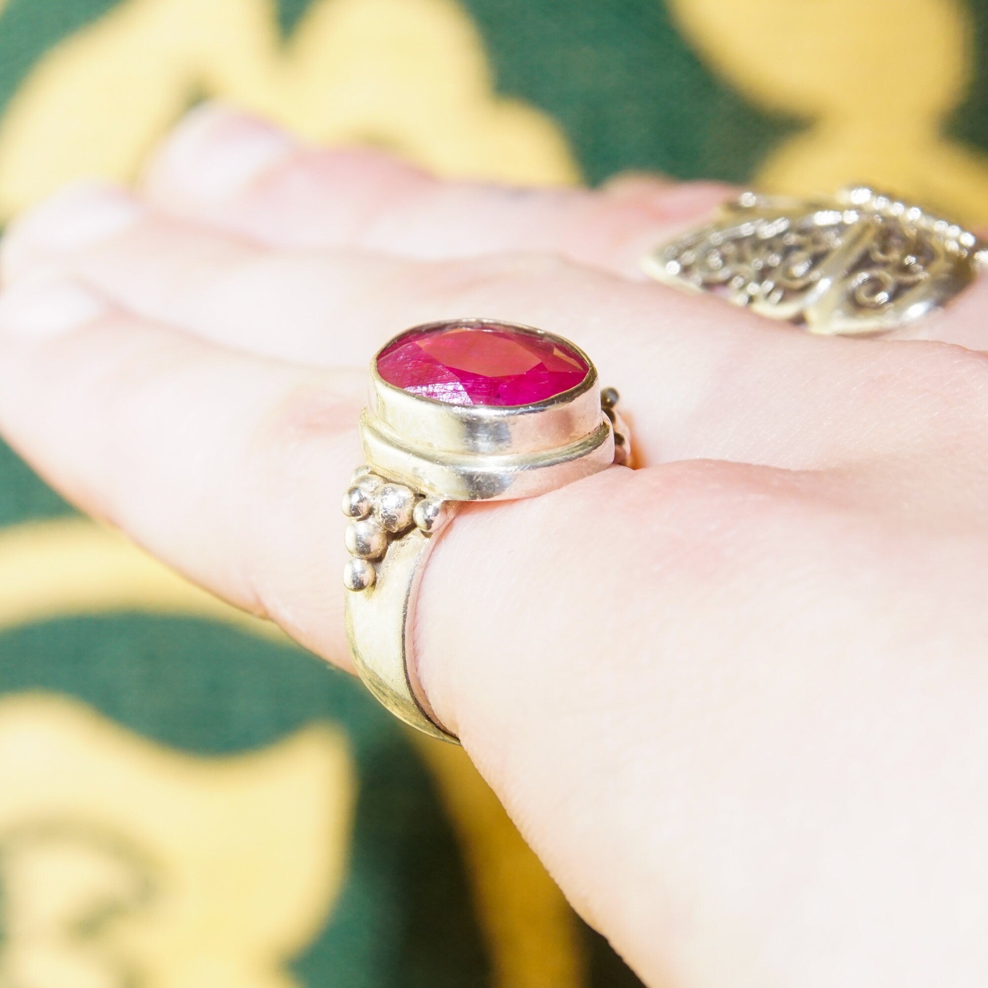 Bohemian Sterling Silver Indian Ruby Ring, Faceted Pink Gemstone, Chunky Silver Ring, 925 Jewelry, Size 6 1/4 US