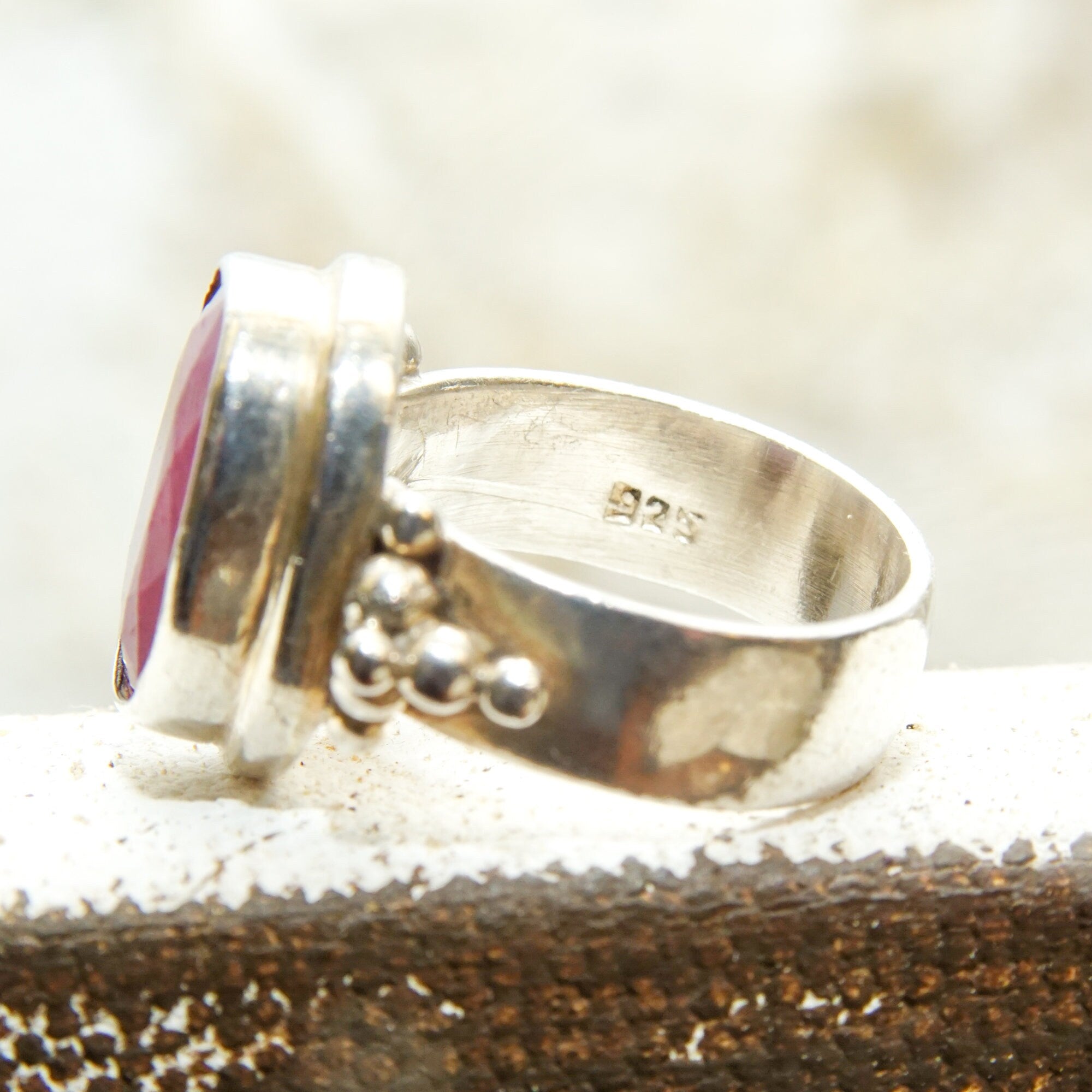 Bohemian Sterling Silver Indian Ruby Ring, Faceted Pink Gemstone, Chunky Silver Ring, 925 Jewelry, Size 6 1/4 US