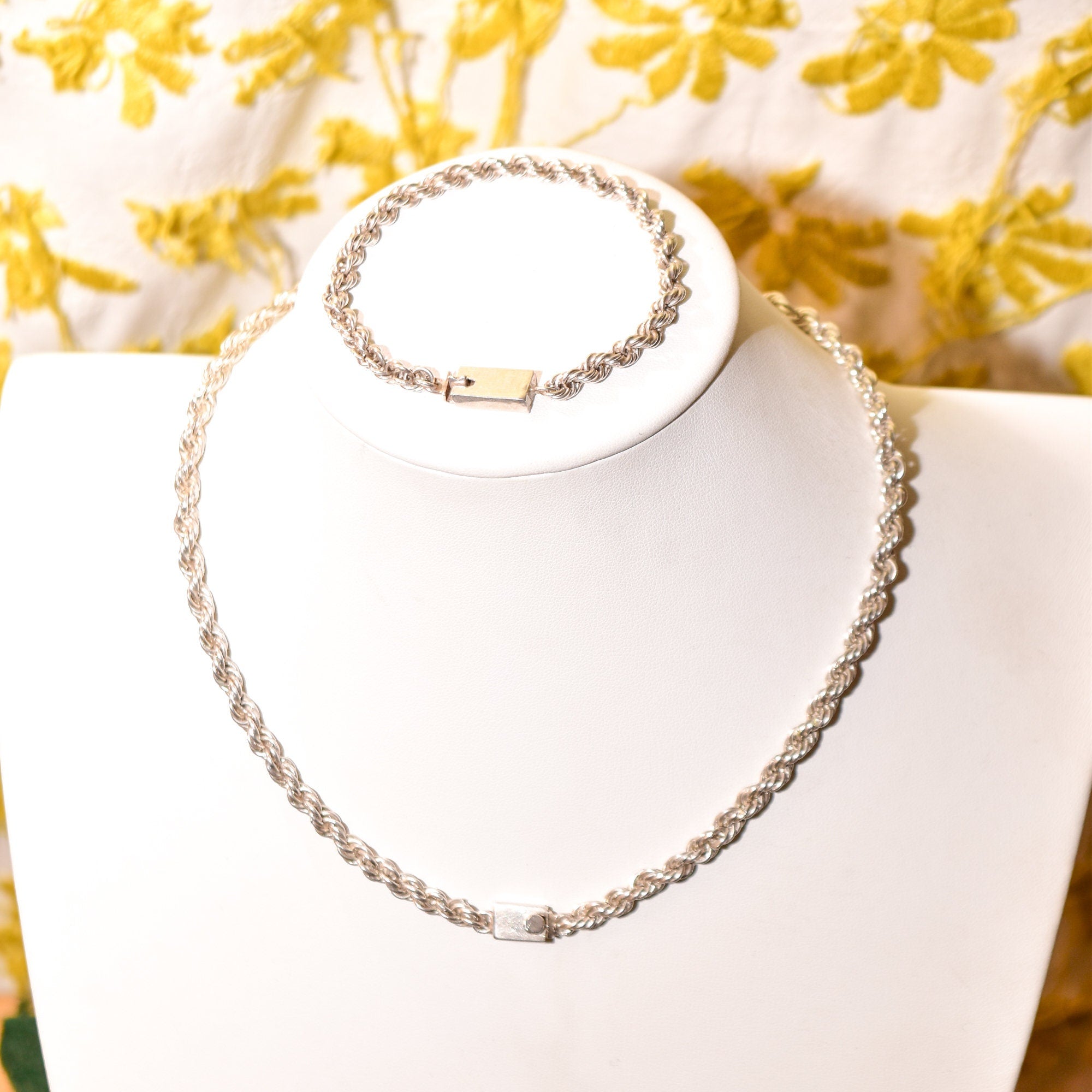 Mexican Sterling Silver Rope Chain Necklace & Bracelet, Thick Twisted Rope Link, Box Clasp, 17"