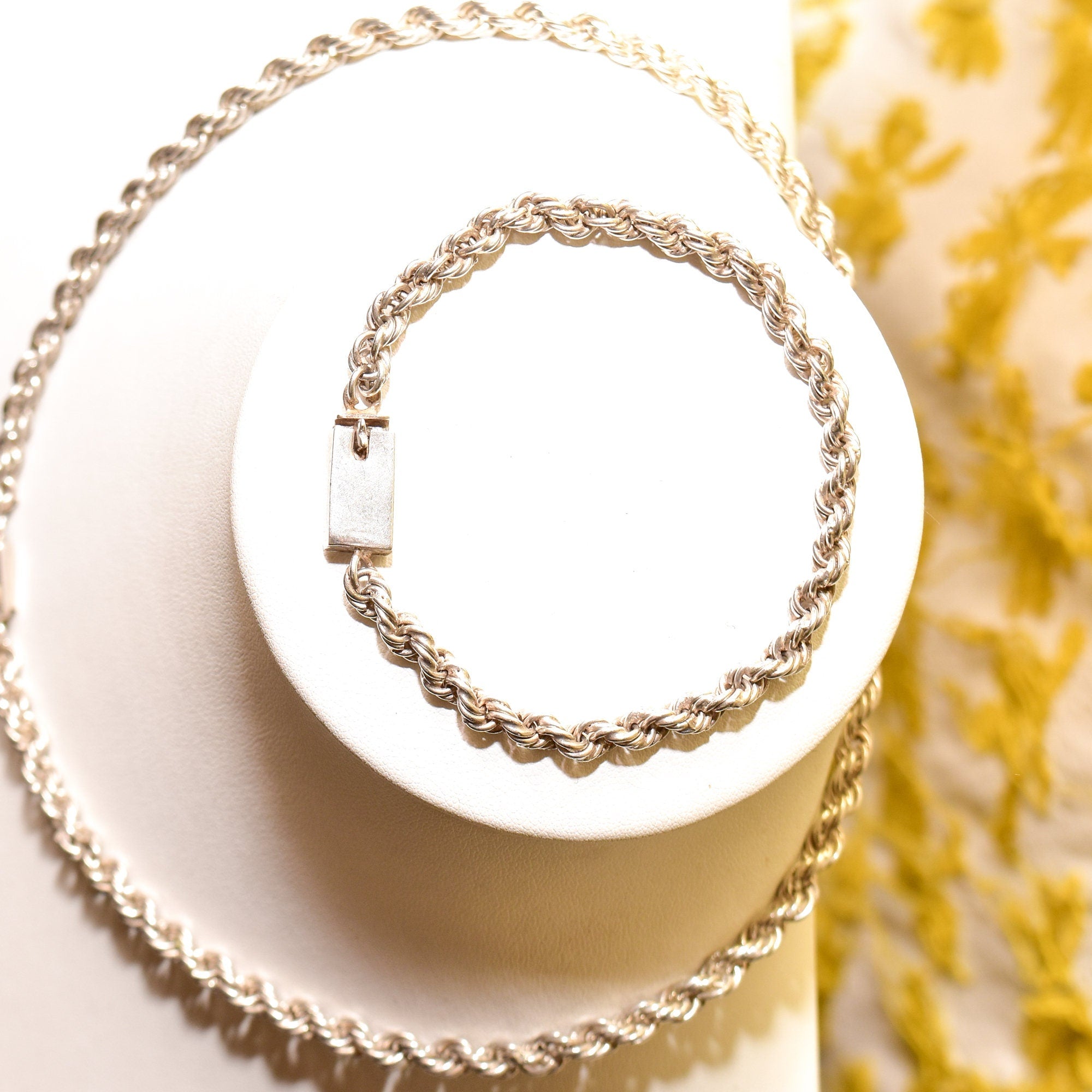 Mexican Sterling Silver Rope Chain Necklace & Bracelet, Thick Twisted Rope Link, Box Clasp, 17"
