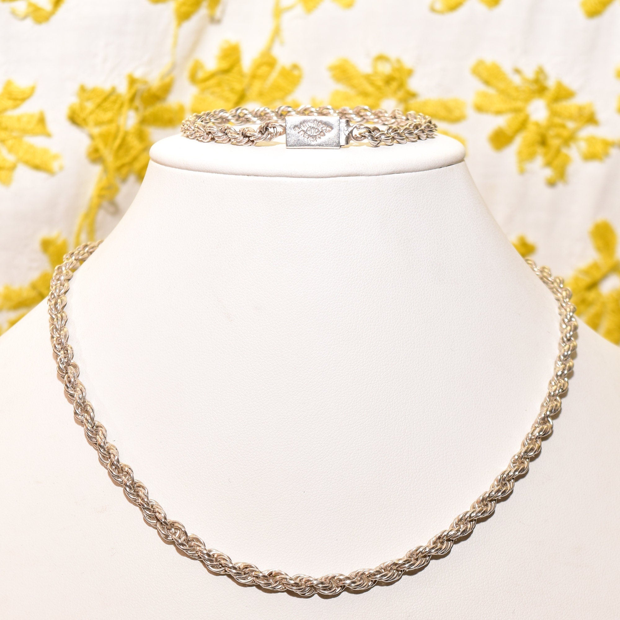 Mexican Sterling Silver Rope Chain Necklace & Bracelet, Thick Twisted Rope Link, Box Clasp, 17"