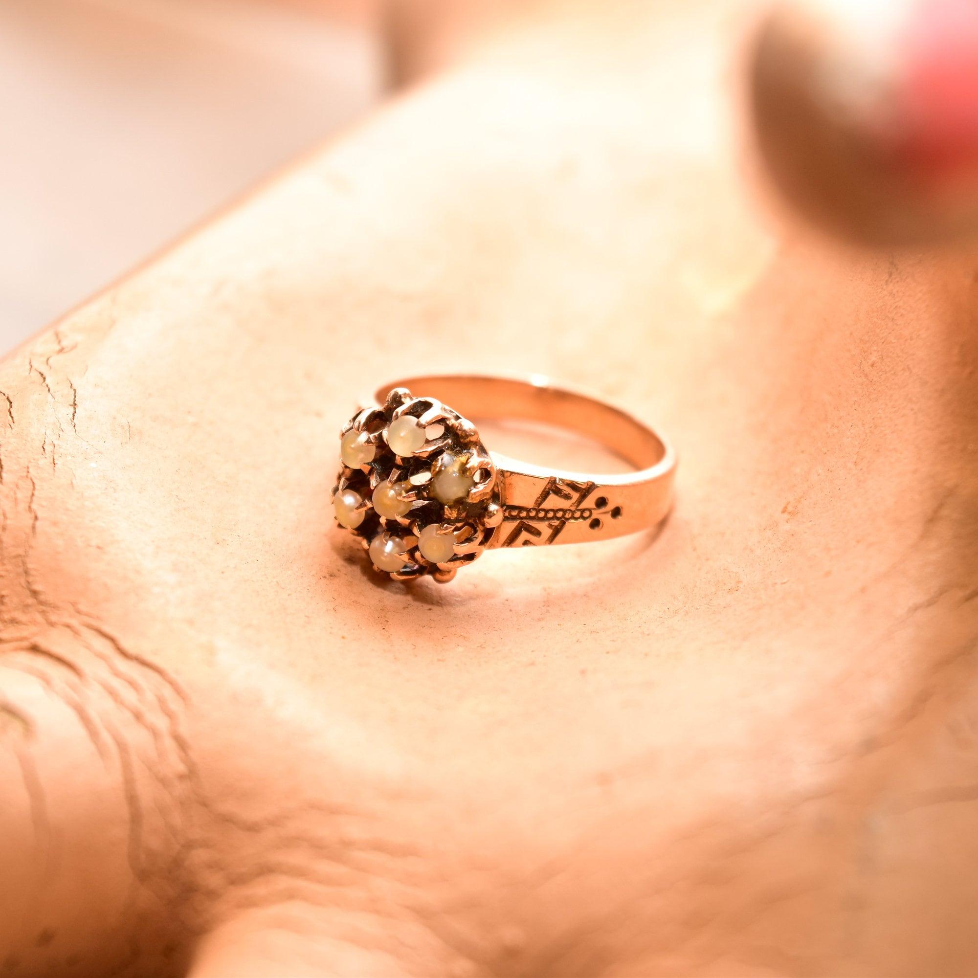 Victorian 14K Opal Flower Harem Ring, Antique Hand-Engraved Rose Gold Cluster Ring, Unknown Stones, 6 3/4 US - Good's Vintage