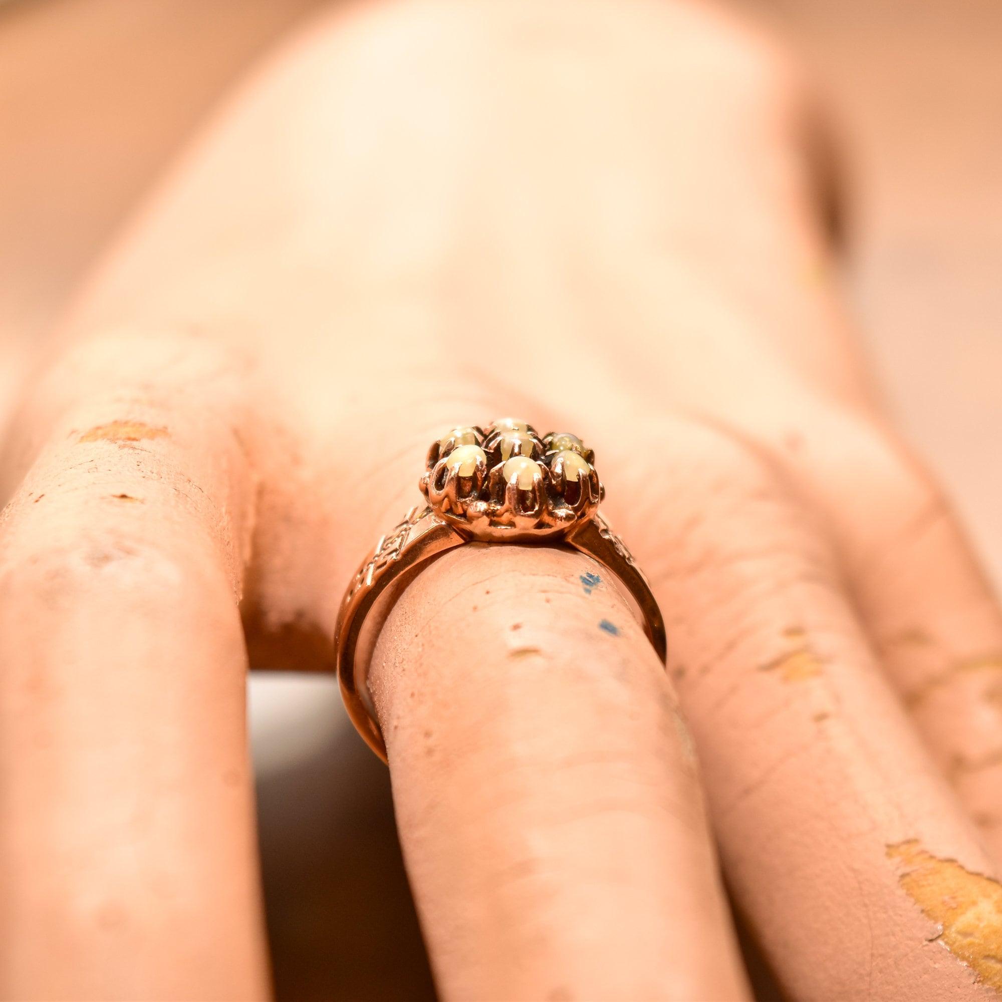Victorian 14K Opal Flower Harem Ring, Antique Hand-Engraved Rose Gold Cluster Ring, Unknown Stones, 6 3/4 US - Good's Vintage