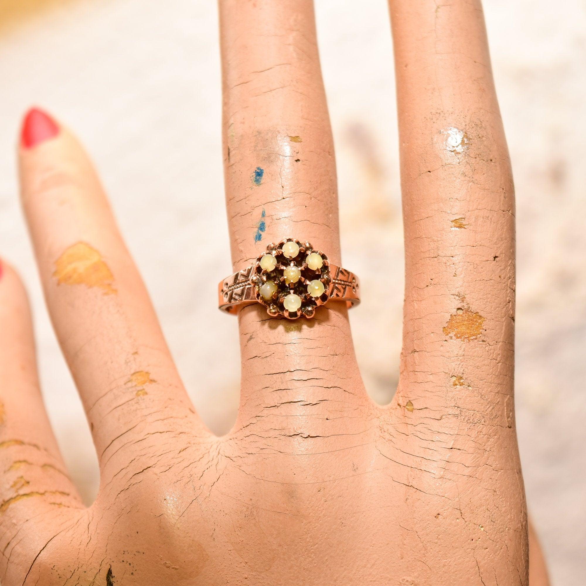 Victorian 14K Opal Flower Harem Ring, Antique Hand-Engraved Rose Gold Cluster Ring, Unknown Stones, 6 3/4 US - Good's Vintage