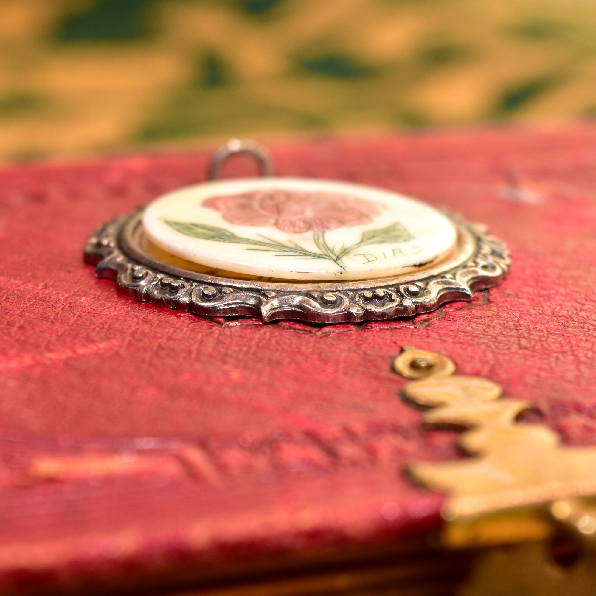 Signed Scrimshaw Flower Pendant In Sterling Silver, Hand-Etched & Inked Bovine Bone, Repousse Setting, 44mm
