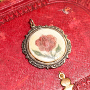 Signed Scrimshaw Flower Pendant In Sterling Silver, Hand-Etched & Inked Bovine Bone, Repousse Setting, 44mm