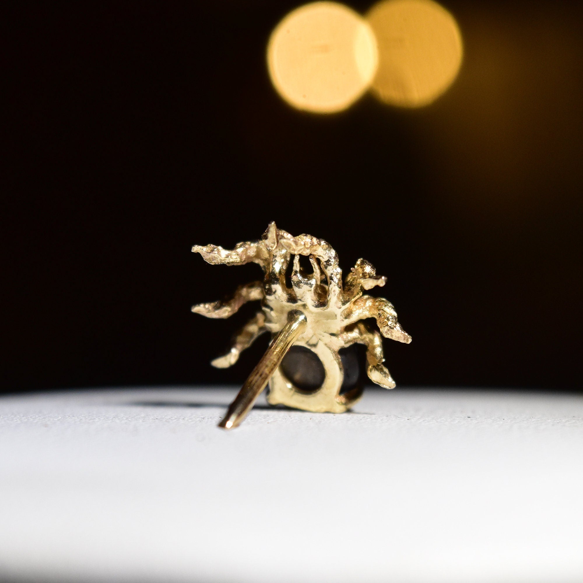 Black Star Sapphire Spider Tie Tack In 14K Yellow Gold, Gemstone Cabochon, Vintage Lapel Pin, 15mm