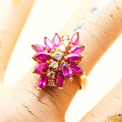 Estate 14K Pink Sapphire Diamond Flower Cluster Ring In Yellow Gold, Vintage Cocktail Ring, DRA 14K, 6 3/4 US