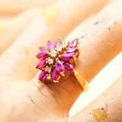 Estate 14K Pink Sapphire Diamond Flower Cluster Ring In Yellow Gold, Vintage Cocktail Ring, DRA 14K, 6 3/4 US