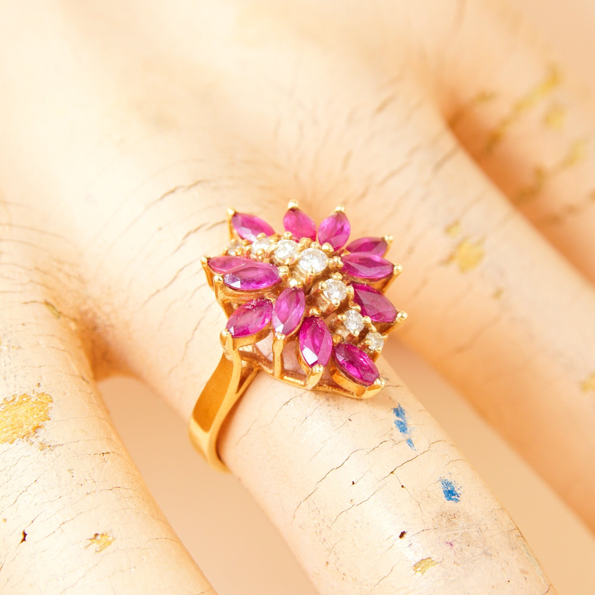 Estate 14K Pink Sapphire Diamond Flower Cluster Ring In Yellow Gold, Vintage Cocktail Ring, DRA 14K, 6 3/4 US