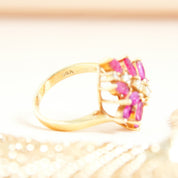 Estate 14K Pink Sapphire Diamond Flower Cluster Ring In Yellow Gold, Vintage Cocktail Ring, DRA 14K, 6 3/4 US