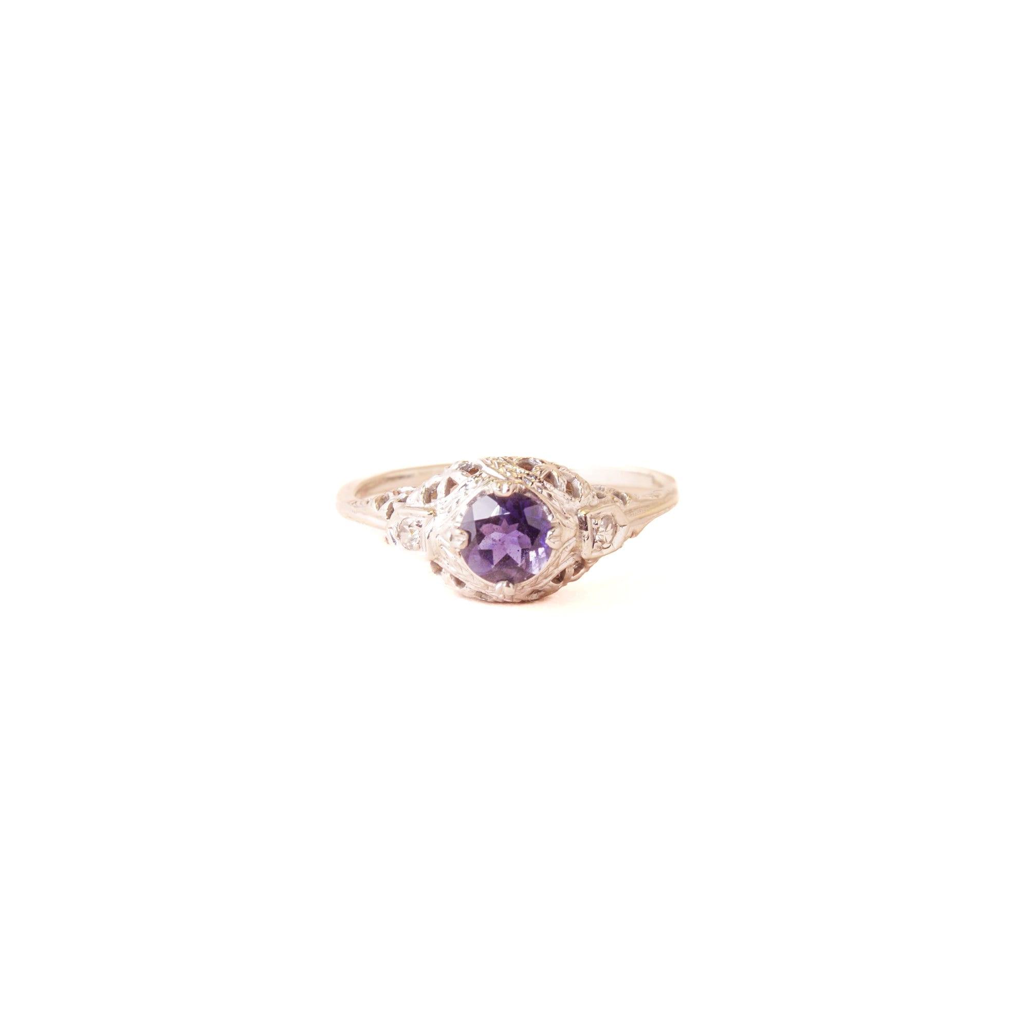 Art Deco Solitaire Sapphire Filigree Engagement Ring In 14K White Gold, Diamond Accents, Promise Ring, 6 3/4 US - Good's Vintage