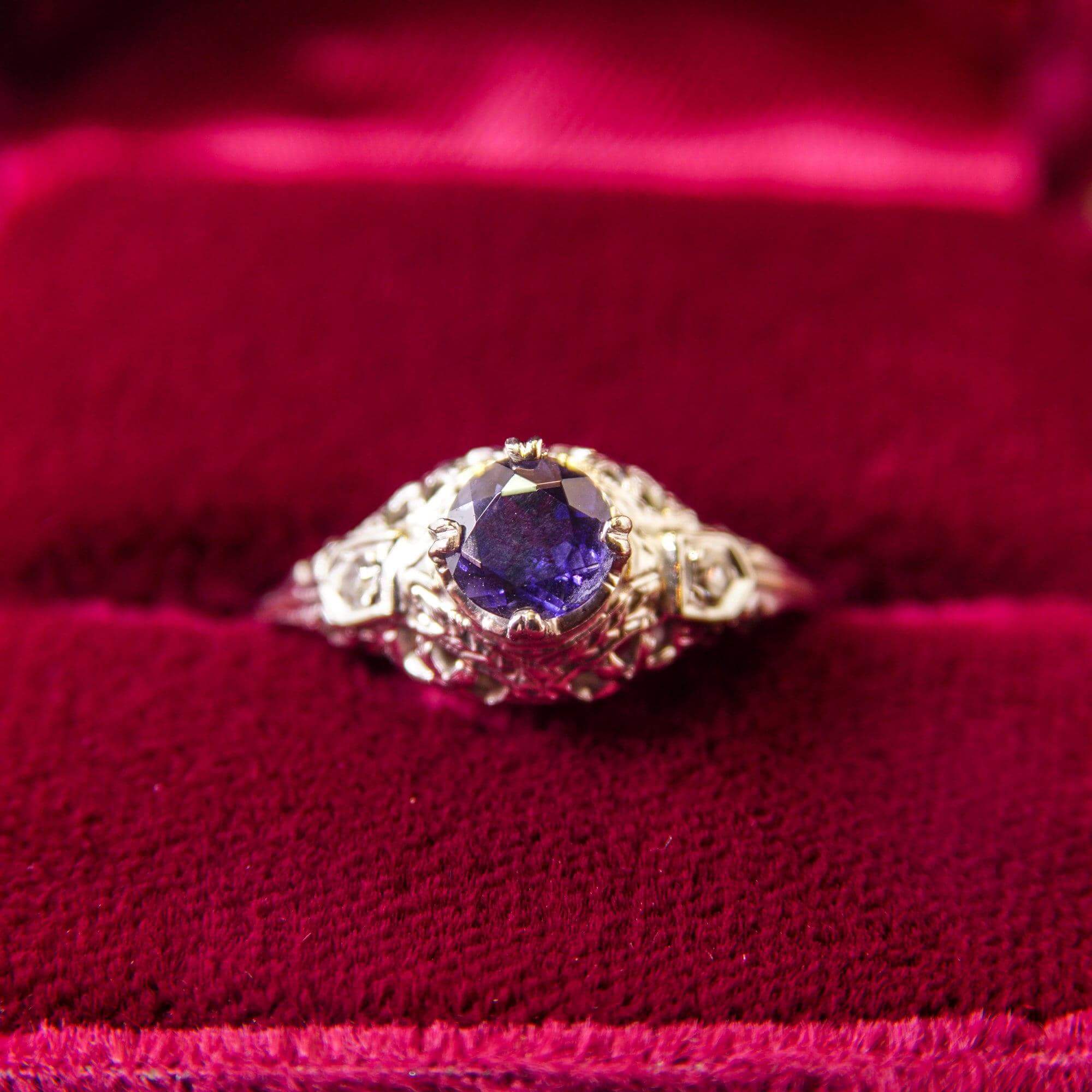 Art Deco Solitaire Sapphire Filigree Engagement Ring In 14K White Gold, Diamond Accents, Promise Ring, 6 3/4 US - Good's Vintage