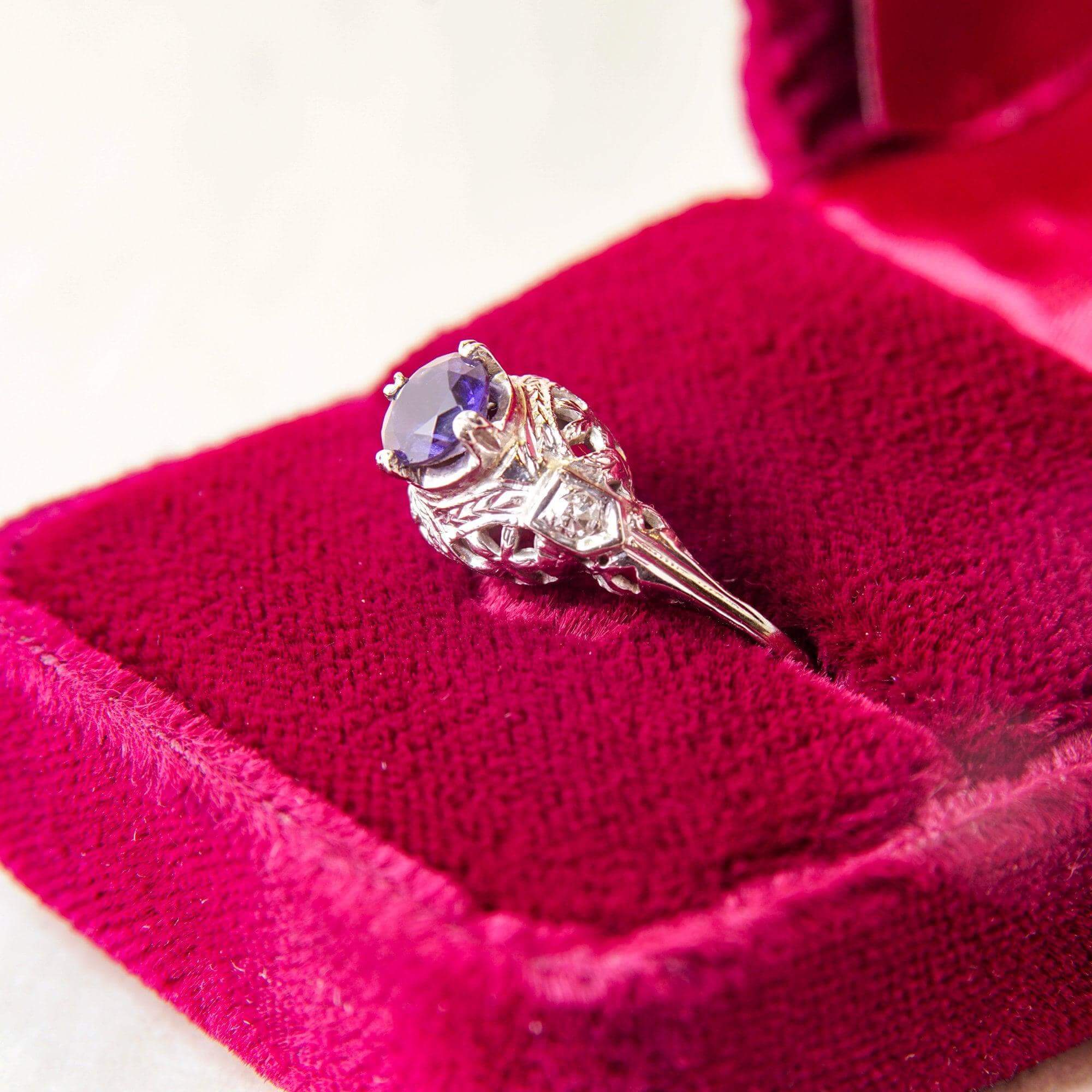 Art Deco Solitaire Sapphire Filigree Engagement Ring In 14K White Gold, Diamond Accents, Promise Ring, 6 3/4 US - Good's Vintage