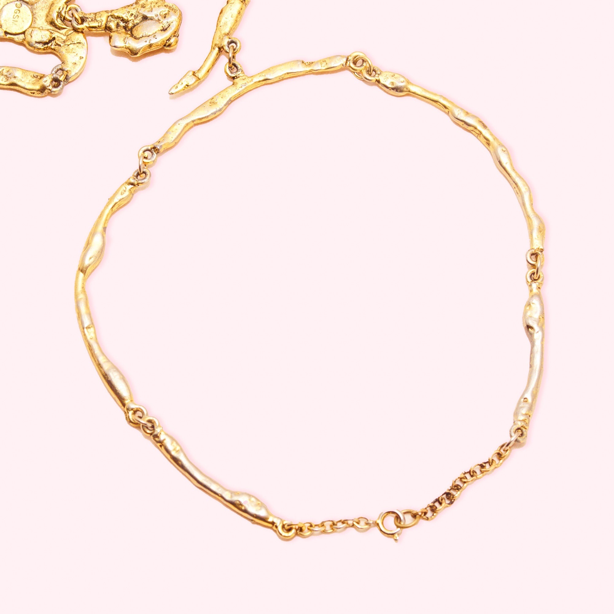 Modernist GSM Brass Plated Pendant Necklace, Huge Mixed Metal Articulated Dancing Lady Figure Pendant, Adjustable