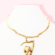 Modernist GSM Brass Plated Pendant Necklace, Huge Mixed Metal Articulated Dancing Lady Figure Pendant, Adjustable