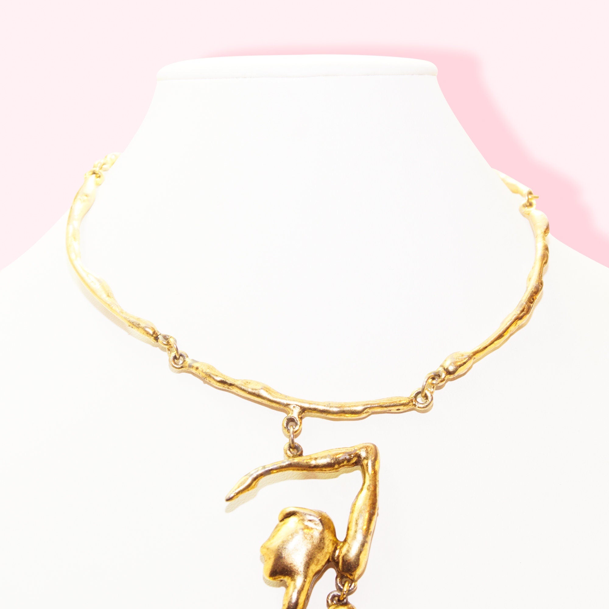 Modernist GSM Brass Plated Pendant Necklace, Huge Mixed Metal Articulated Dancing Lady Figure Pendant, Adjustable