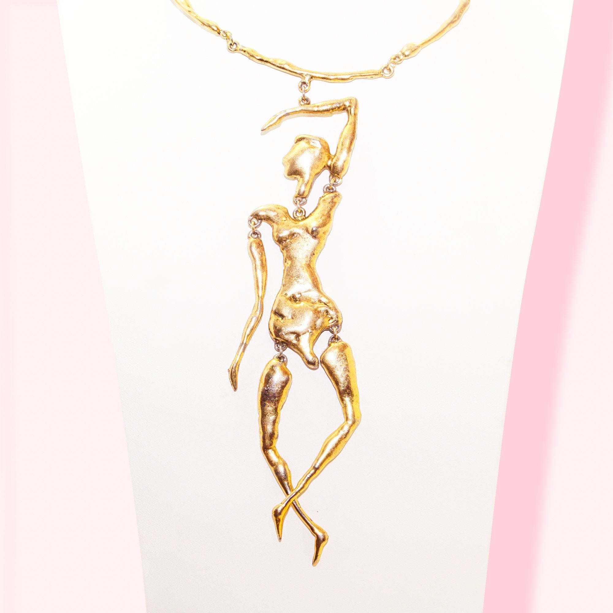 Modernist GSM Brass Plated Pendant Necklace, Huge Mixed Metal Articulated Dancing Lady Figure Pendant, Adjustable