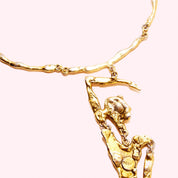 Modernist GSM Brass Plated Pendant Necklace, Huge Mixed Metal Articulated Dancing Lady Figure Pendant, Adjustable