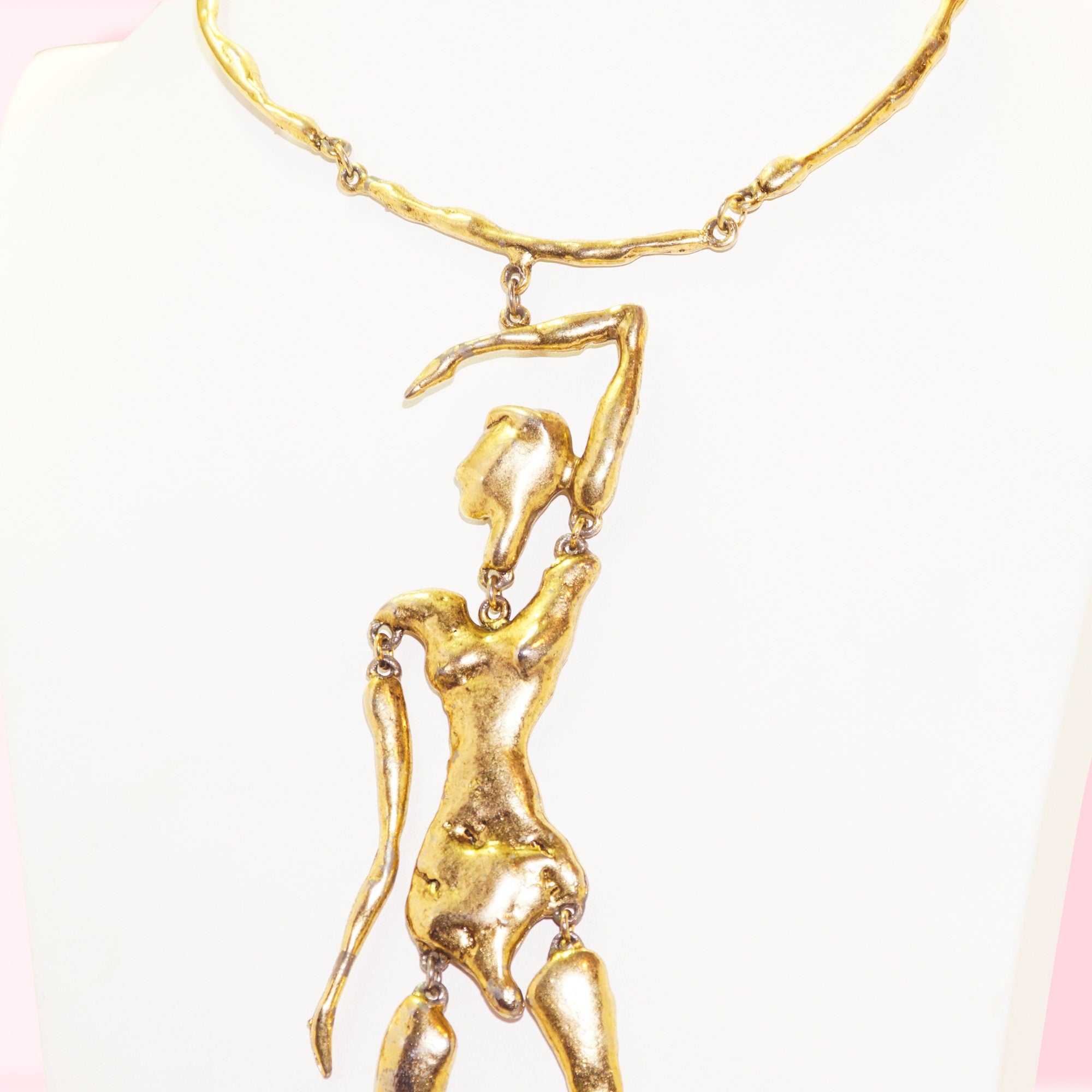 Modernist GSM Brass Plated Pendant Necklace, Huge Mixed Metal Articulated Dancing Lady Figure Pendant, Adjustable