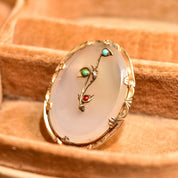 Victorian 14K Quartz Floral Filigree Cameo Style Brooch, Engraved Yellow Gold Setting, Turquoise & Ruby Accents - Good's Vintage