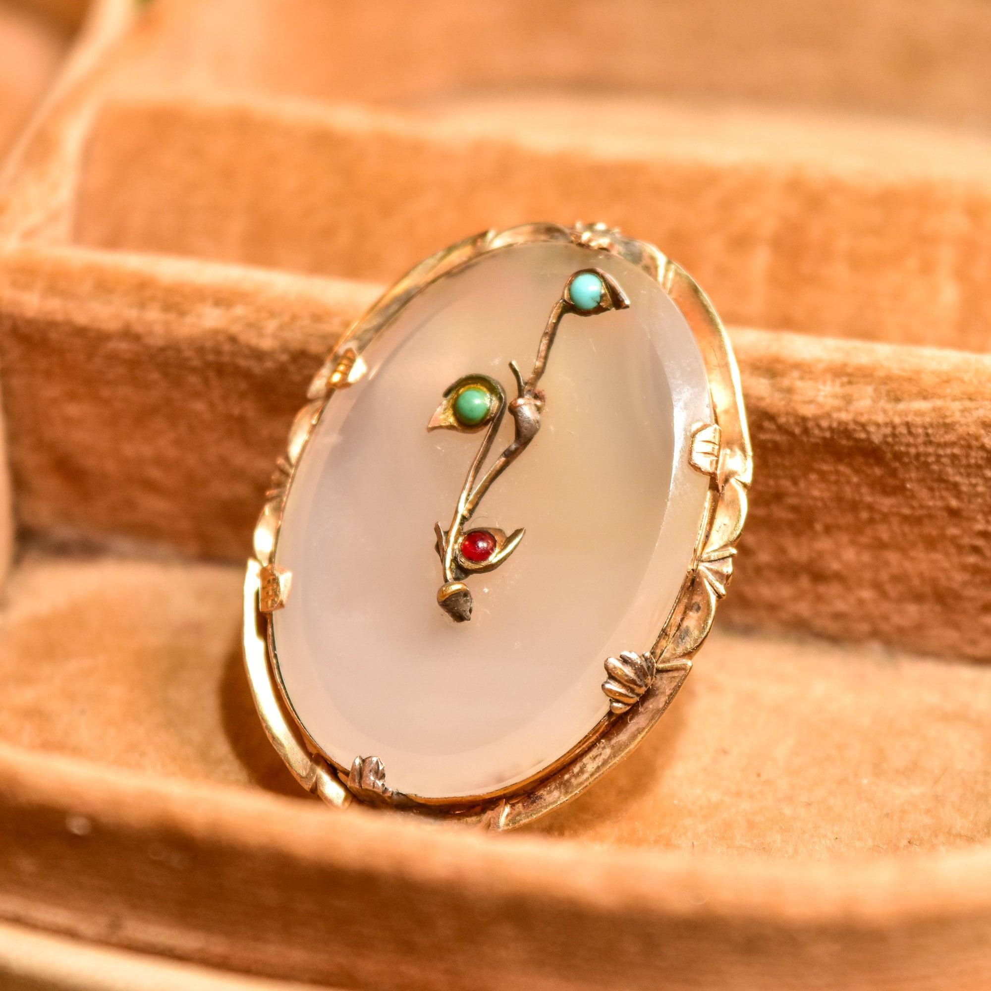 Victorian 14K Quartz Floral Filigree Cameo Style Brooch, Engraved Yellow Gold Setting, Turquoise & Ruby Accents - Good's Vintage