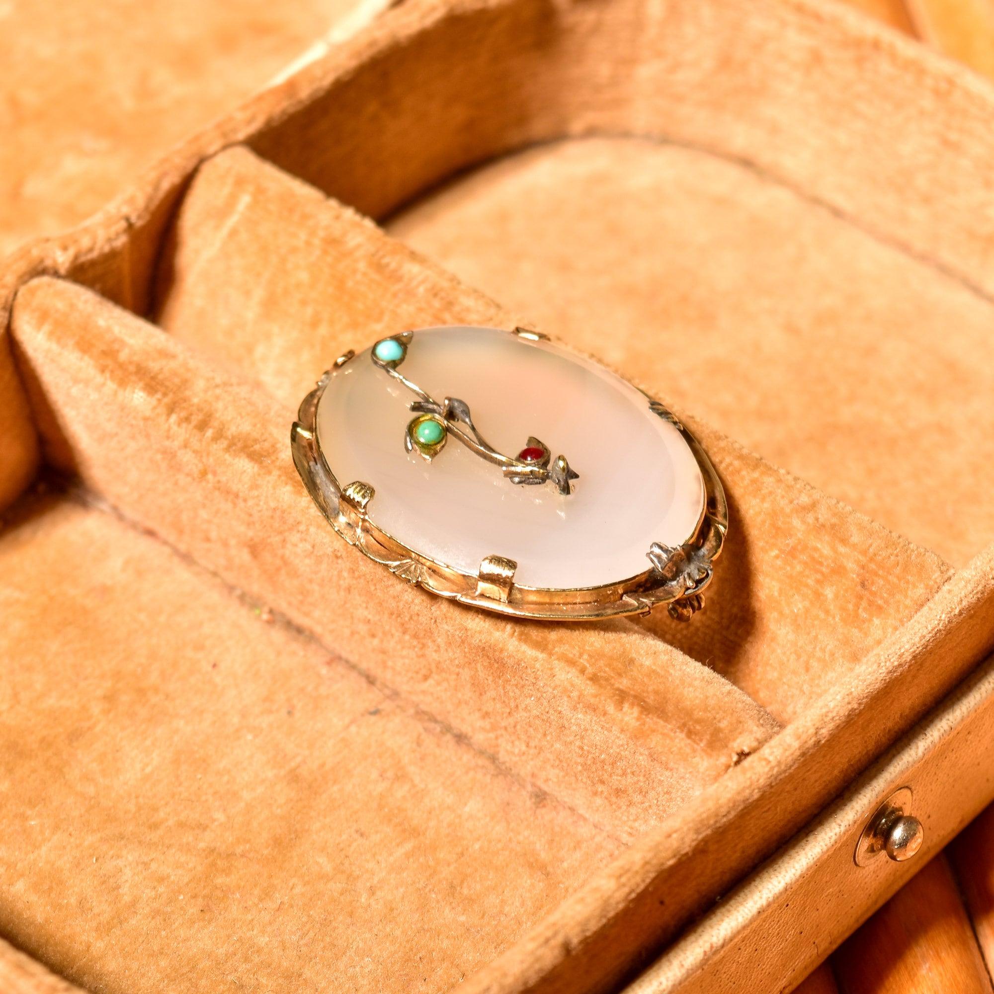 Victorian 14K Quartz Floral Filigree Cameo Style Brooch, Engraved Yellow Gold Setting, Turquoise & Ruby Accents - Good's Vintage