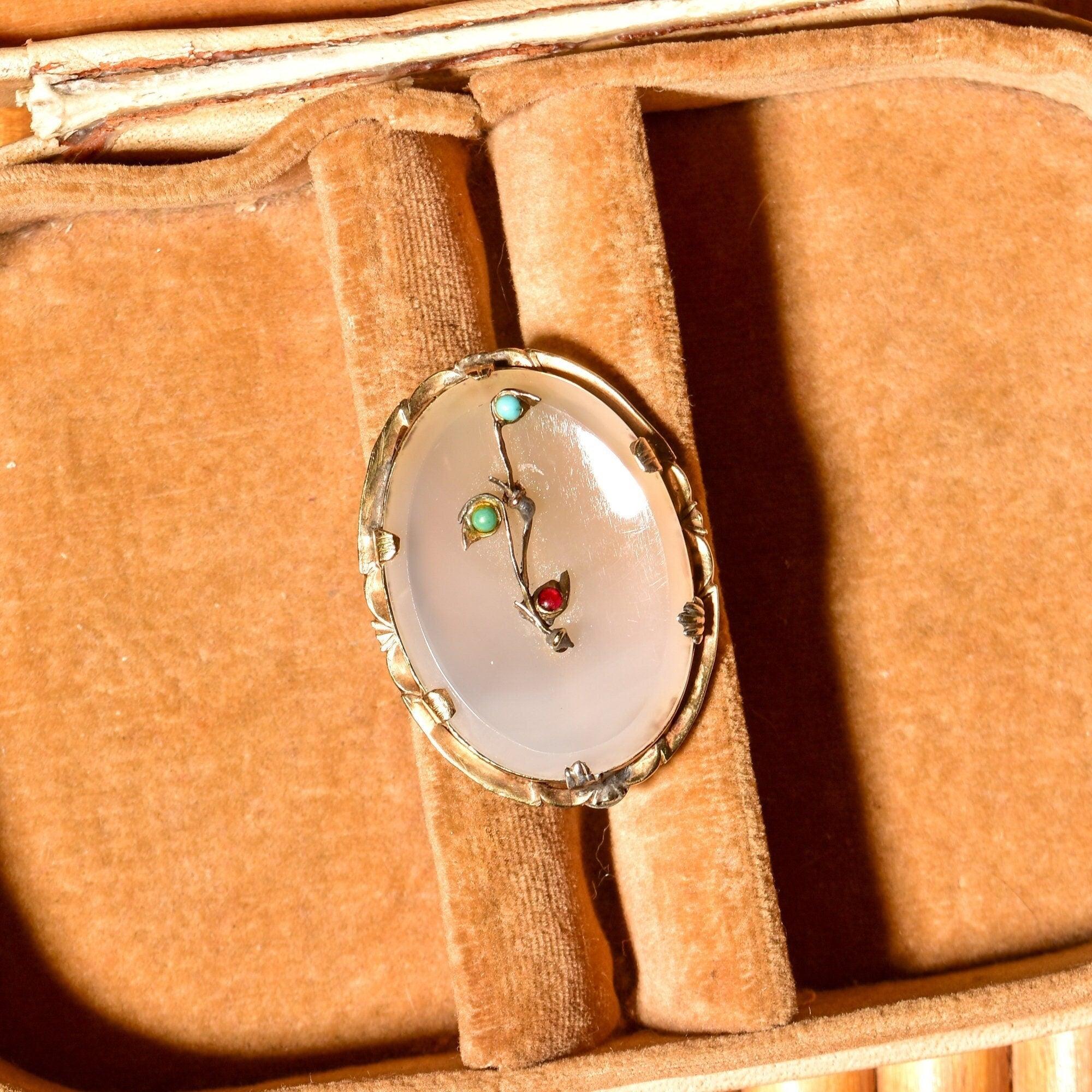 Victorian 14K Quartz Floral Filigree Cameo Style Brooch, Engraved Yellow Gold Setting, Turquoise & Ruby Accents - Good's Vintage