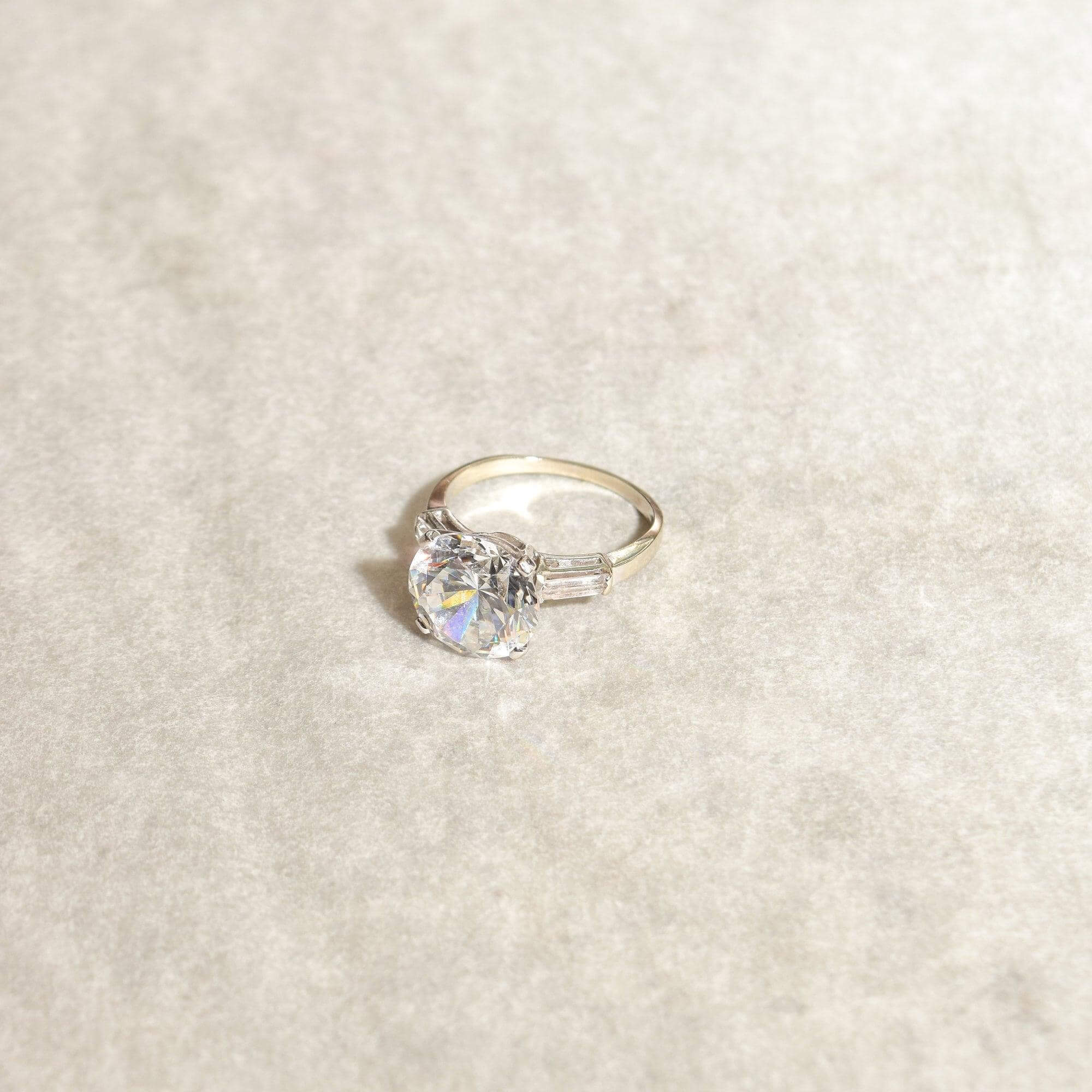 Huge 14K White Gold CZ Diamond Engagement Ring W/ Baguette Diamond Side Stones, Estate Jewelry, Size 8 US - Good's Vintage
