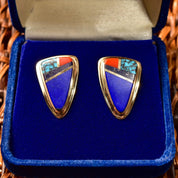 Signed Sonwai 14K Inlay Hopi Earrings, Yellow Gold, Lapis Lazuli, Turquoise & Coral, Verma Nequatewa, 30mm - Good's Vintage