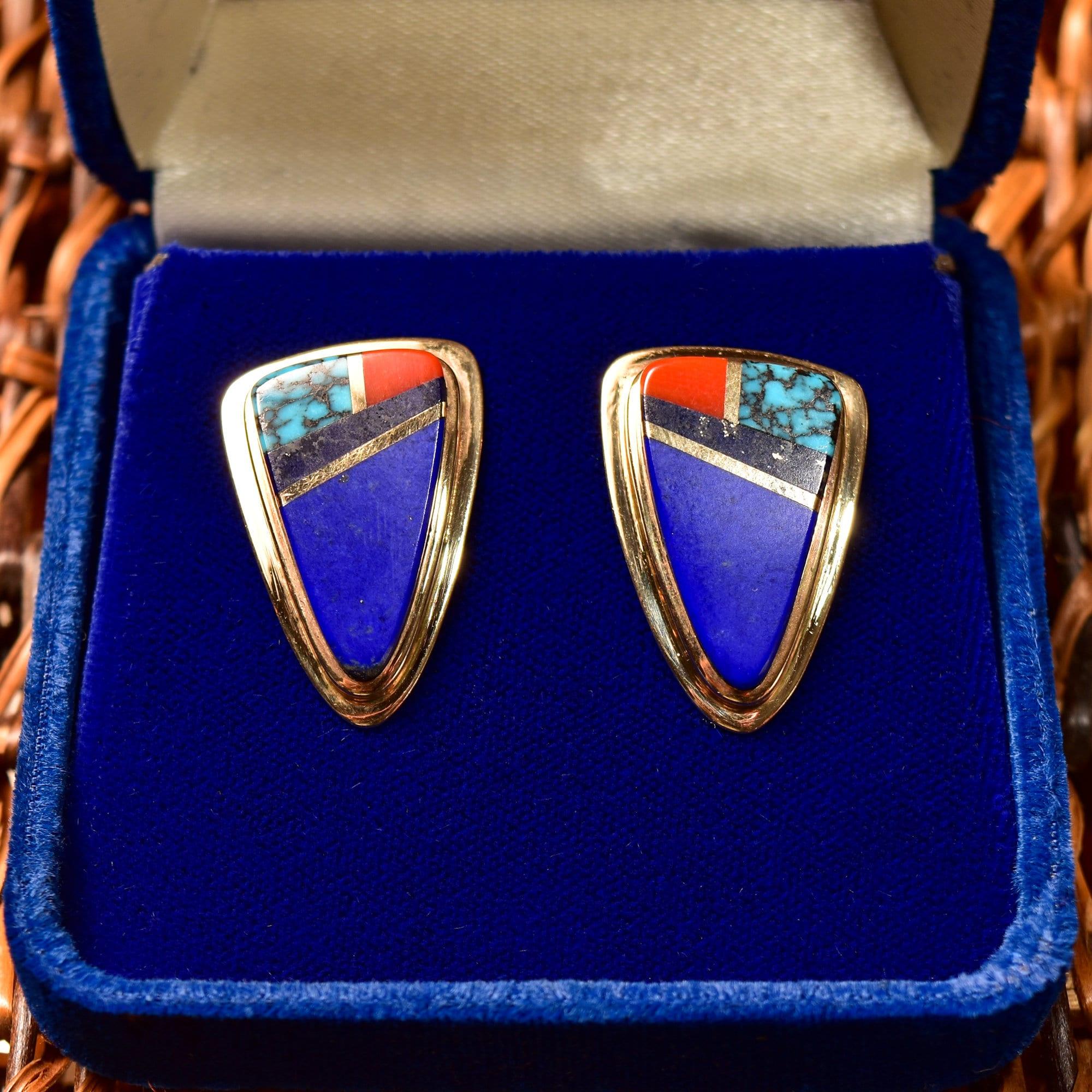 Signed Sonwai 14K Inlay Hopi Earrings, Yellow Gold, Lapis Lazuli, Turquoise & Coral, Verma Nequatewa, 30mm - Good's Vintage