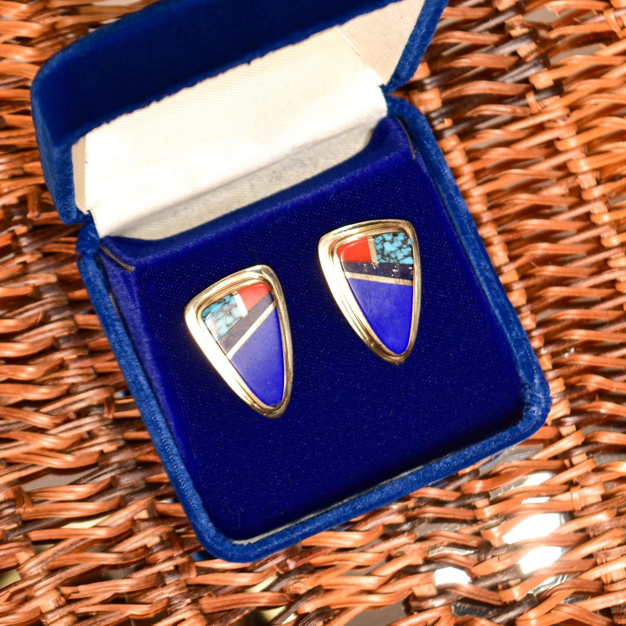 Signed Sonwai 14K Inlay Hopi Earrings, Yellow Gold, Lapis Lazuli, Turquoise & Coral, Verma Nequatewa, 30mm - Good's Vintage