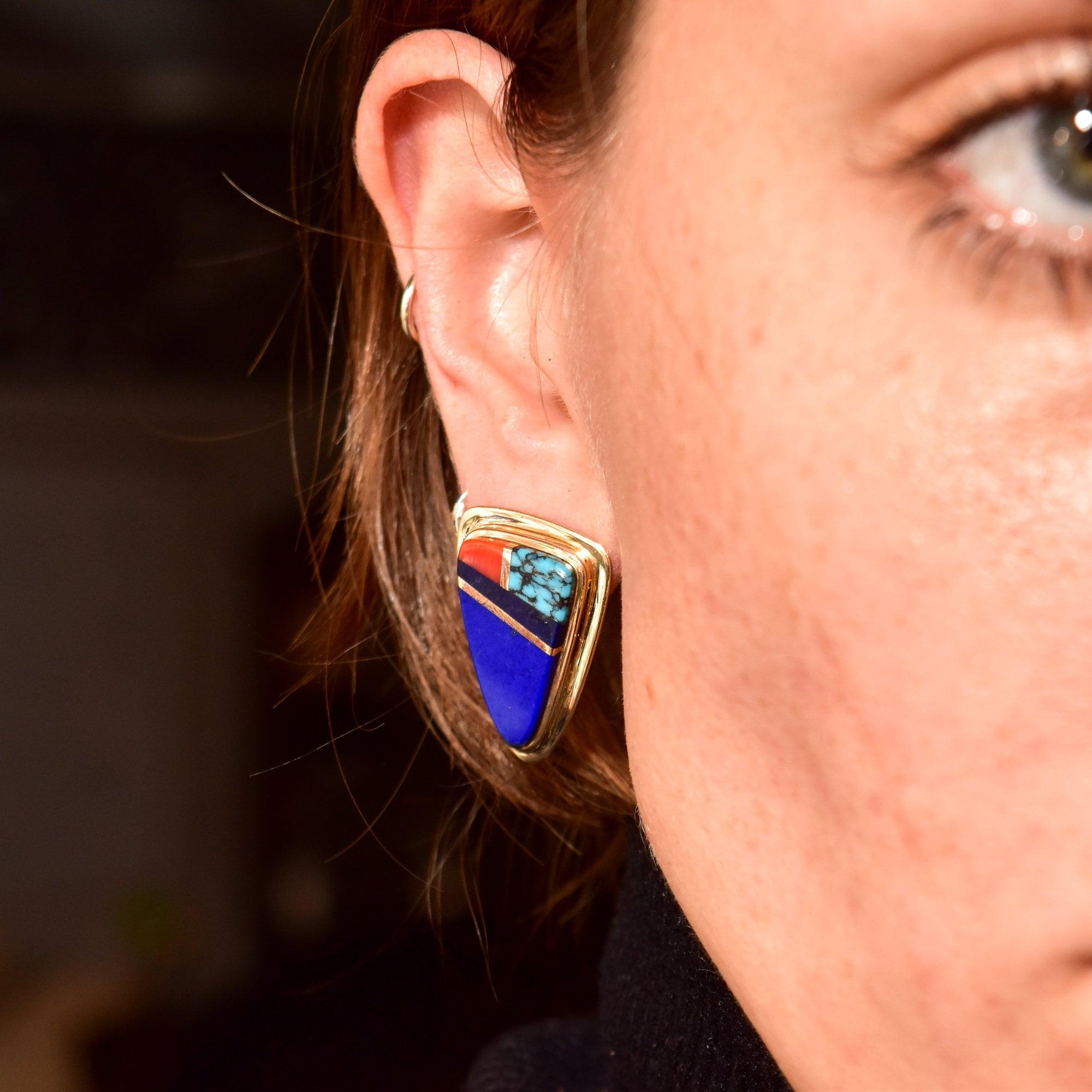 Signed Sonwai 14K Inlay Hopi Earrings, Yellow Gold, Lapis Lazuli, Turquoise & Coral, Verma Nequatewa, 30mm - Good's Vintage