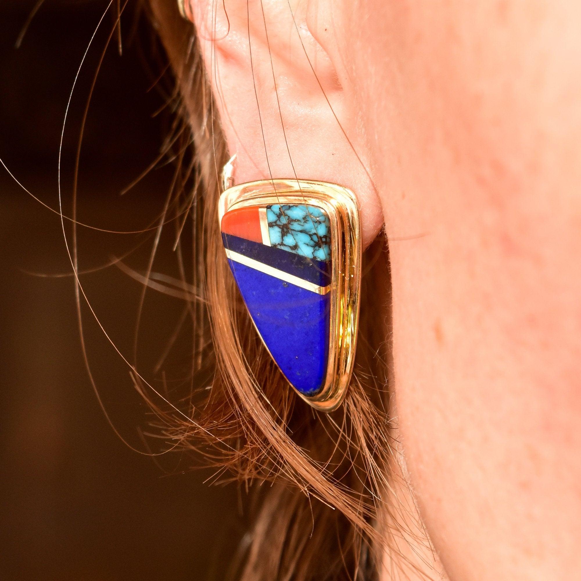 Signed Sonwai 14K Inlay Hopi Earrings, Yellow Gold, Lapis Lazuli, Turquoise & Coral, Verma Nequatewa, 30mm - Good's Vintage