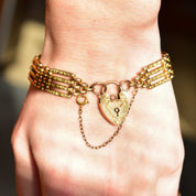 Victorian 9ct Gate Link Heart Lock Bracelet, Engraved Decoration, Reversible Yellow Gold Bracelet, 7 1/2" - Good's Vintage