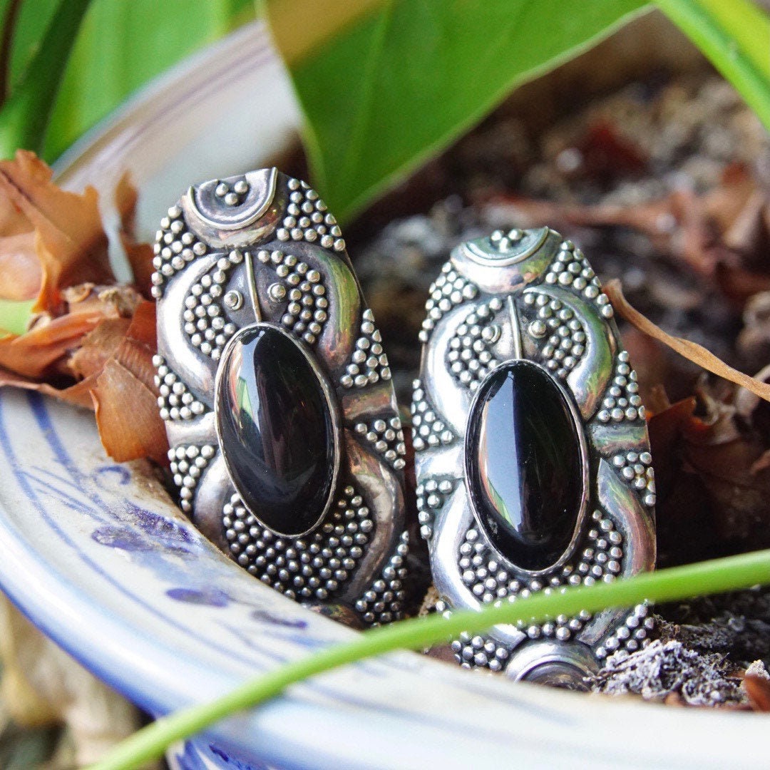 Jet Shield Earrings, Long Ornate Silver Stud Earrings, Tribal Look, Glossy Black Stone, 925 Statement Earrings