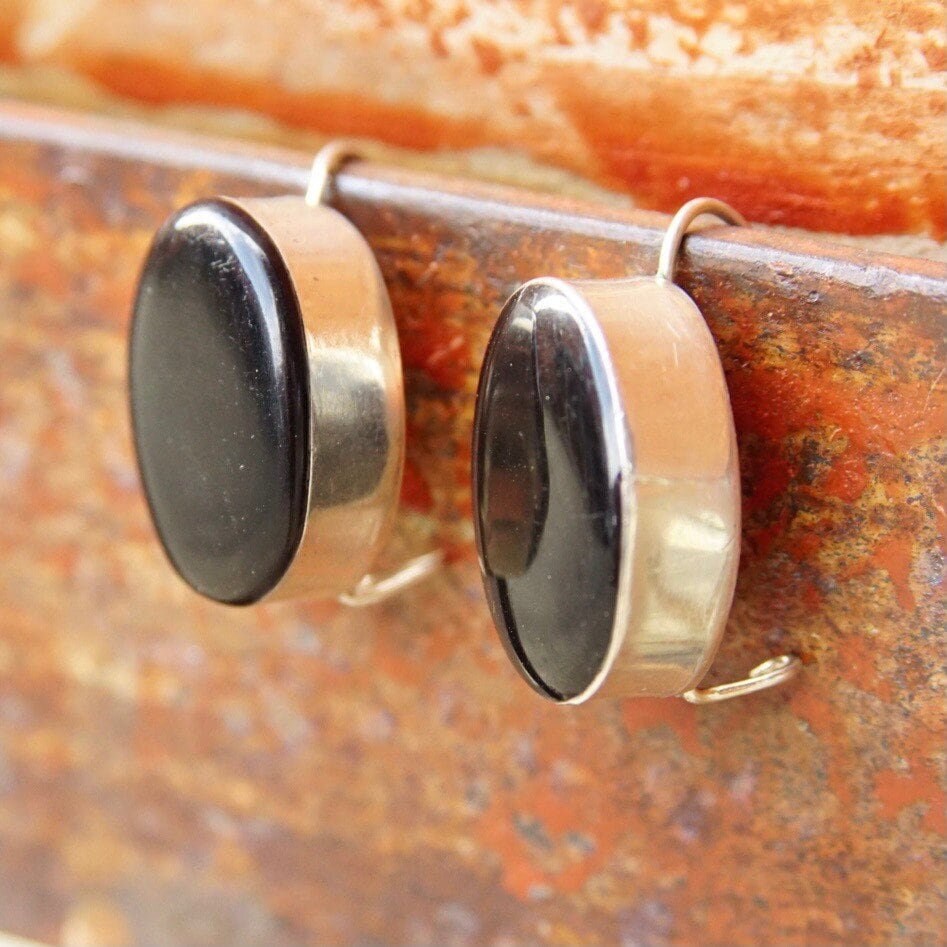 Vintage TAXCO Modernist Sterling Silver Onyx Drop Earrings, Black & Silver Dangle Earrings, Mexico 925, Latch Hook Earrings, 1" Long