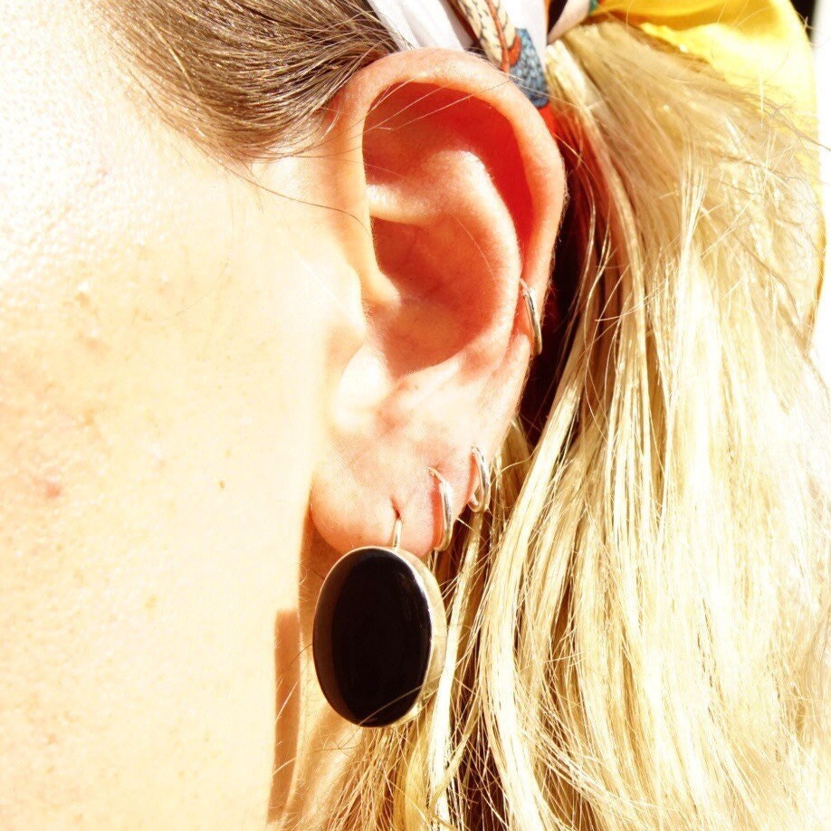 Vintage TAXCO Modernist Sterling Silver Onyx Drop Earrings, Black & Silver Dangle Earrings, Mexico 925, Latch Hook Earrings, 1" Long