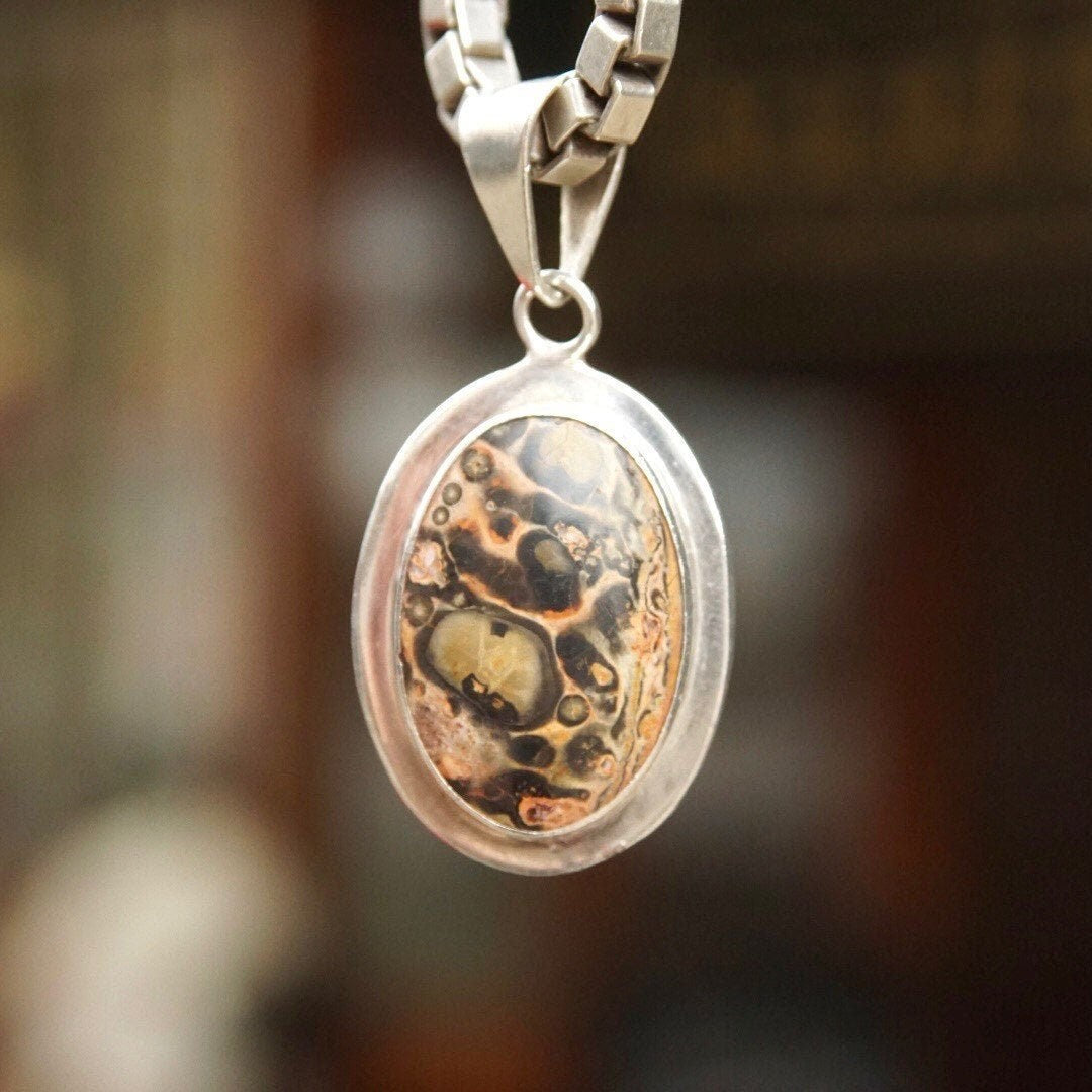 Vintage Sterling Silver Crazy Lace Agate Pendant, Pink & Black Banded Chalcedony Stone, Unique Gemstone, Large Silver Bail, Mexico 925