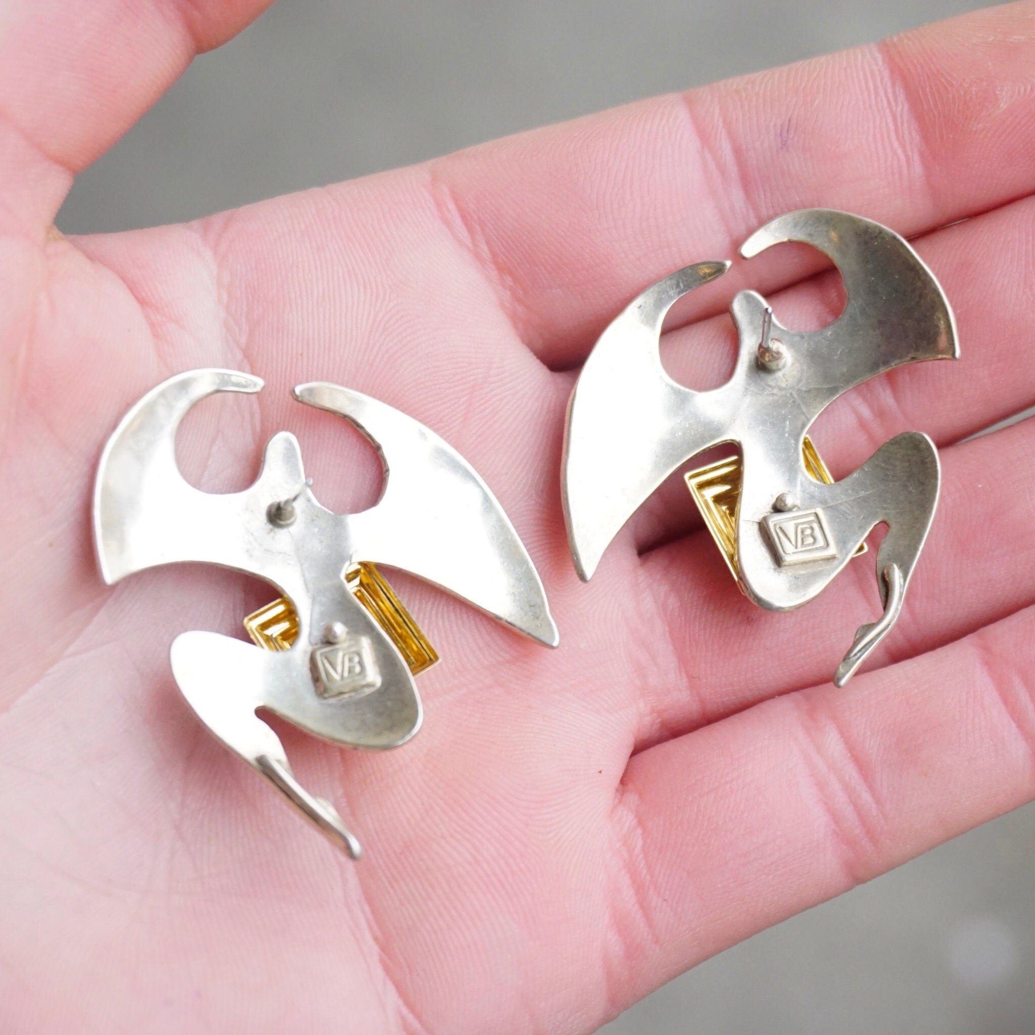 Vintage Two Tone Silver & Gold Stud Earrings, Avant Garde Silver Earrings With Gold Pyramid, Abstract Silver and Gold Tone Post Earrings