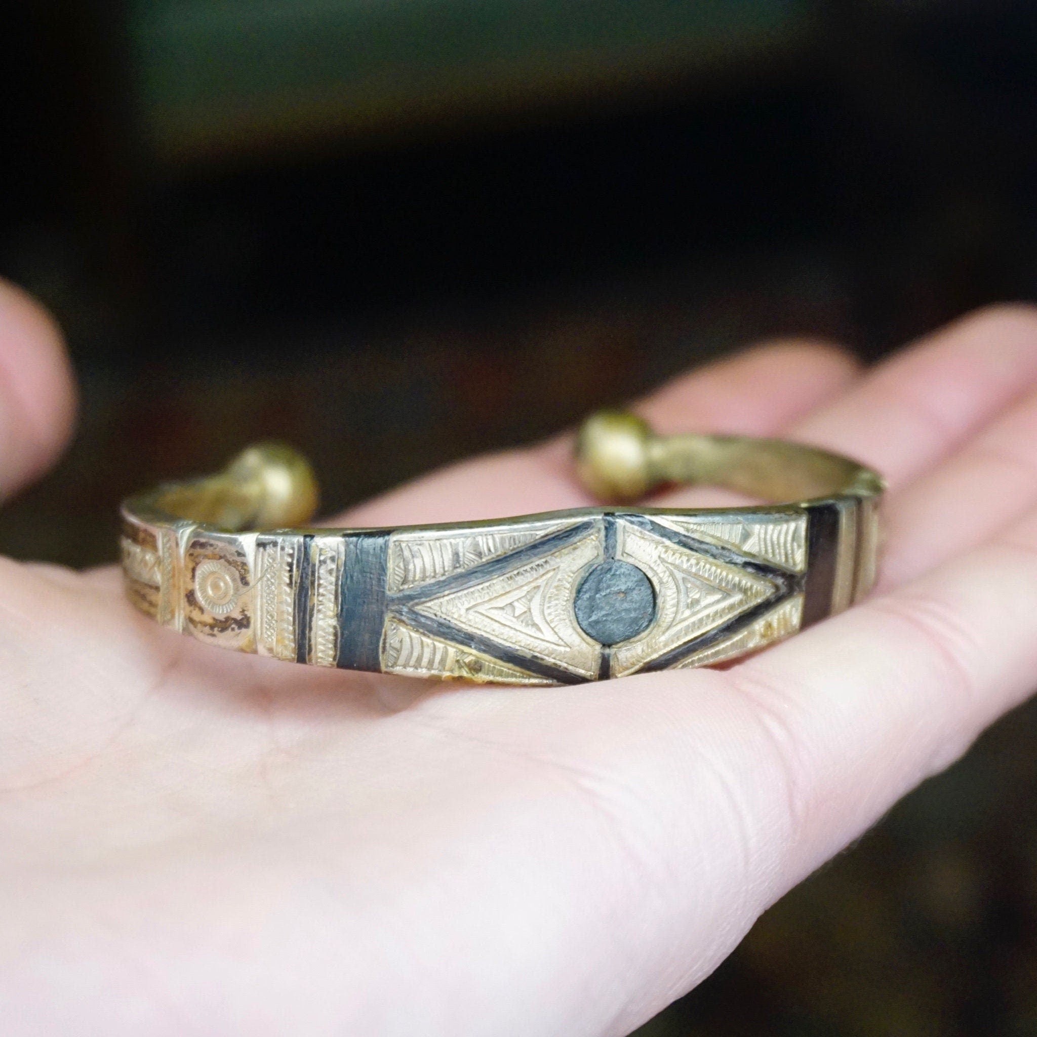 Vintage Tuareg Cuff Bangle, Ornate Silver And Ebony Cuff Bracelet, Solid Metal Cuff With Intricate Etchings, Tribal/Ethnic Jewelry