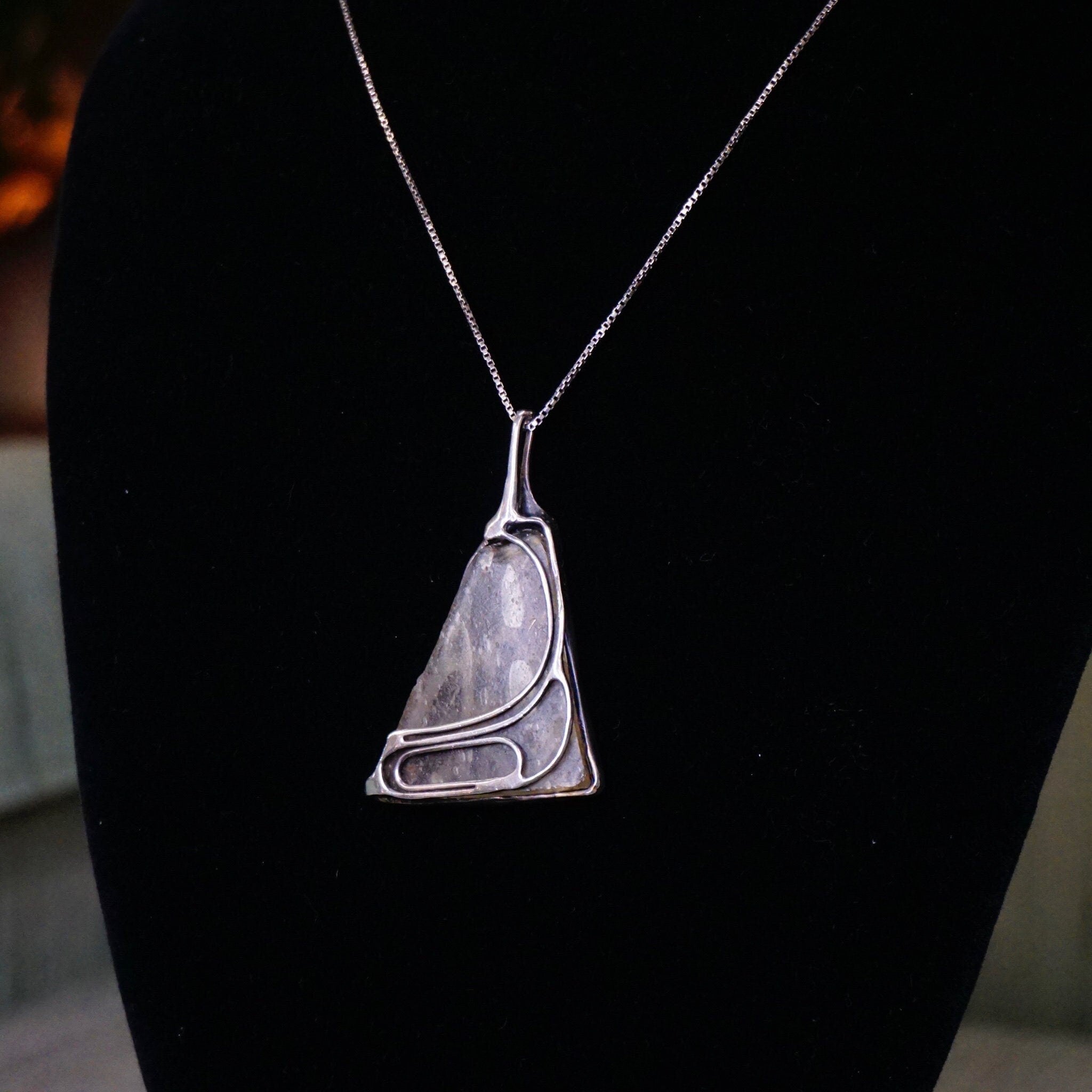 Vintage Sterling Silver Pendant Necklace, Artisan Wire Wrapped Glass Shard Pendant, Silver Box Chain Necklace With Abstract Silver Pendant
